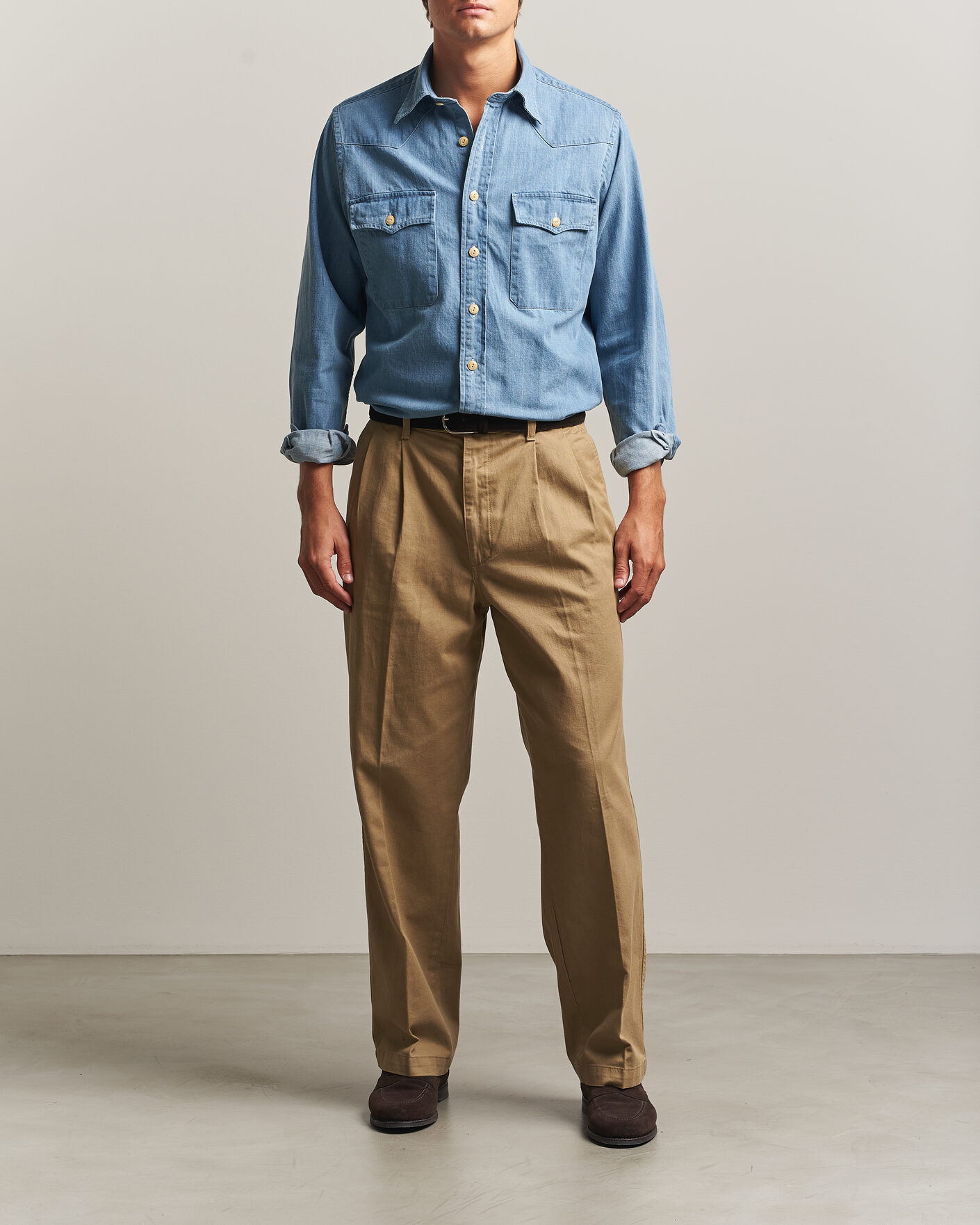 Herre | Skjorter | Drake's | Denim Western Shirt Bleached Blue