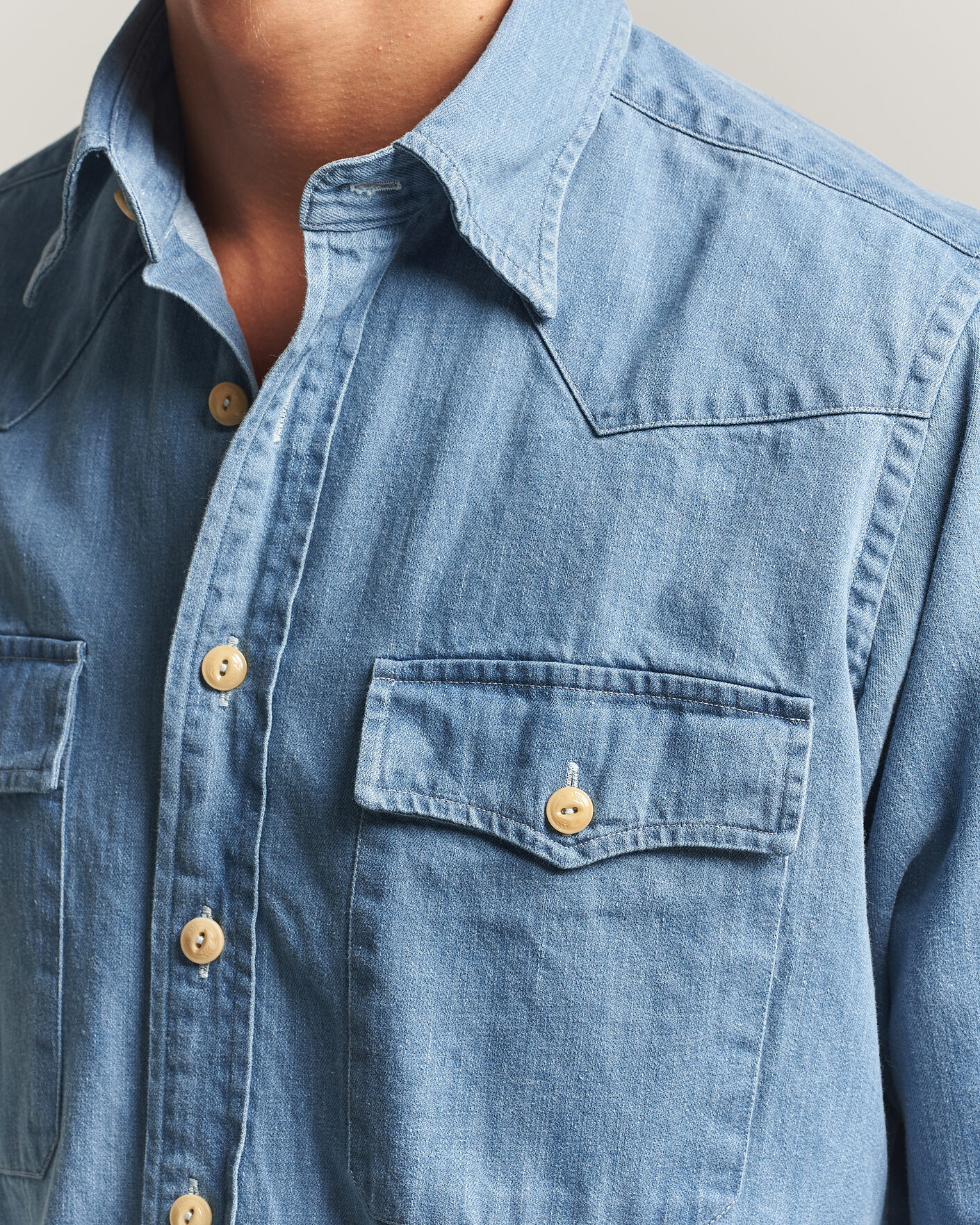 Herre | Skjorter | Drake's | Denim Western Shirt Bleached Blue