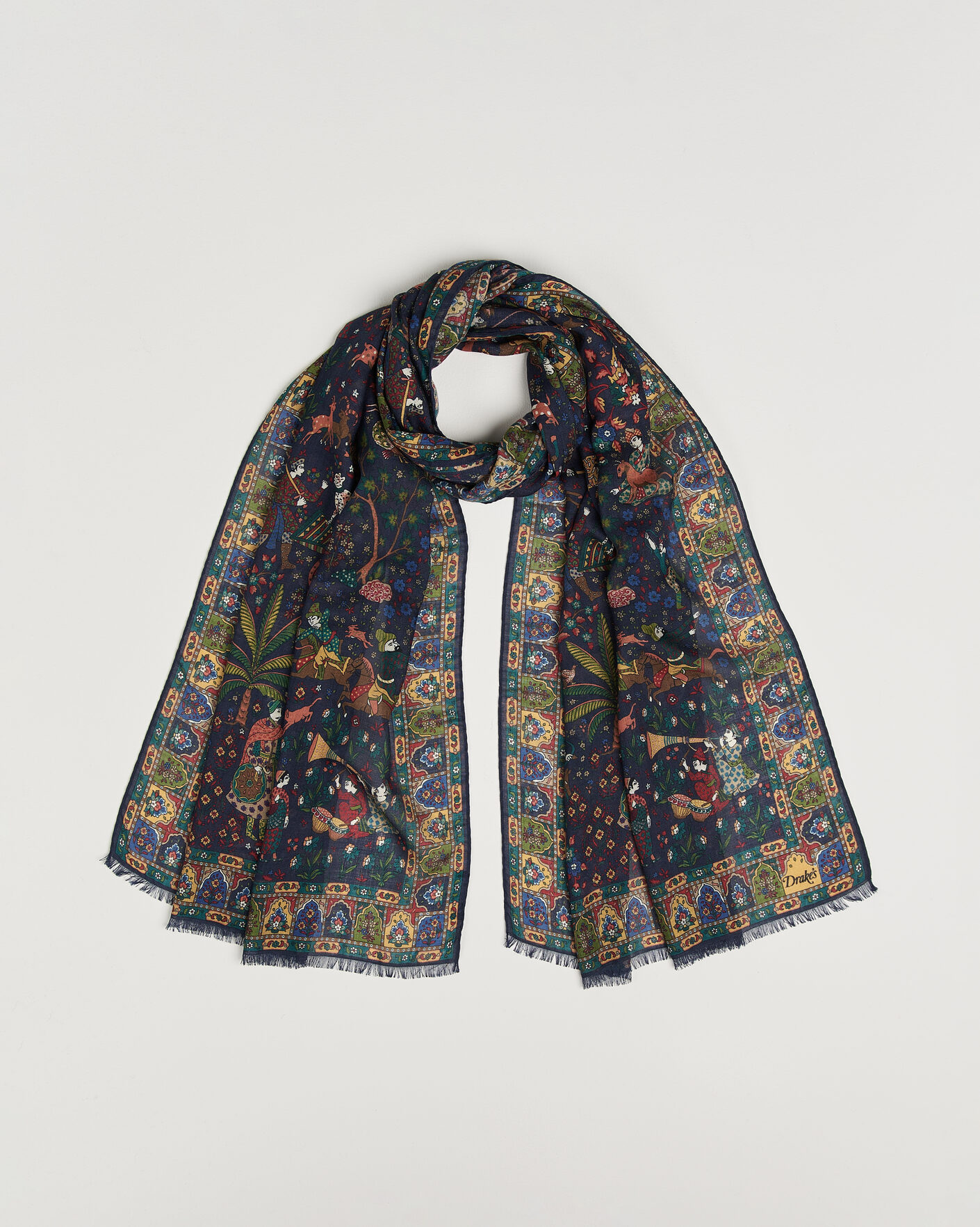 Herre | Scarves | Drake's | Mughal Garden Wool/Silk Scarf Navy