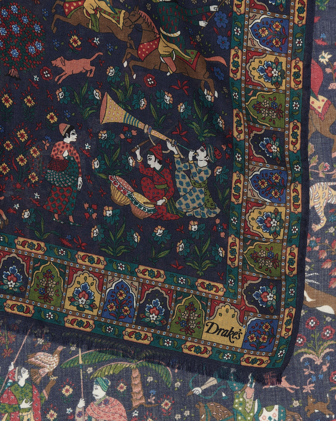 Herre | Scarves | Drake's | Mughal Garden Wool/Silk Scarf Navy