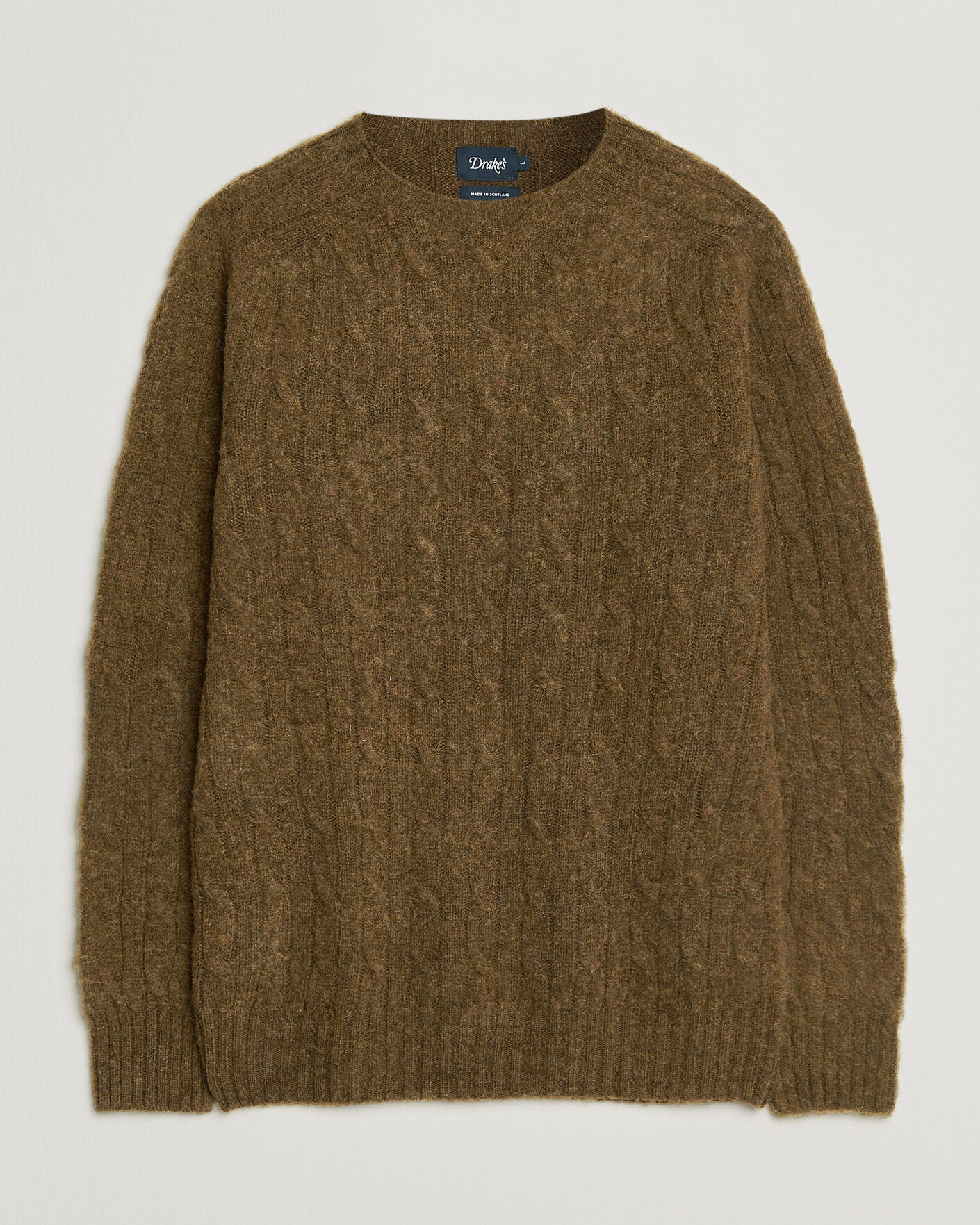 Herre | Gensere | Drake's | Brushed Shetland Cable Crew Moorland Olive