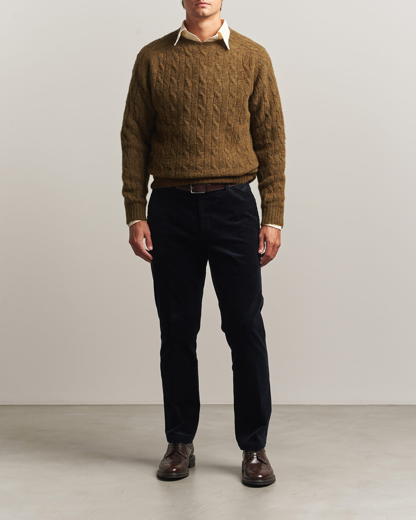 Herre | Gensere | Drake's | Brushed Shetland Cable Crew Moorland Olive
