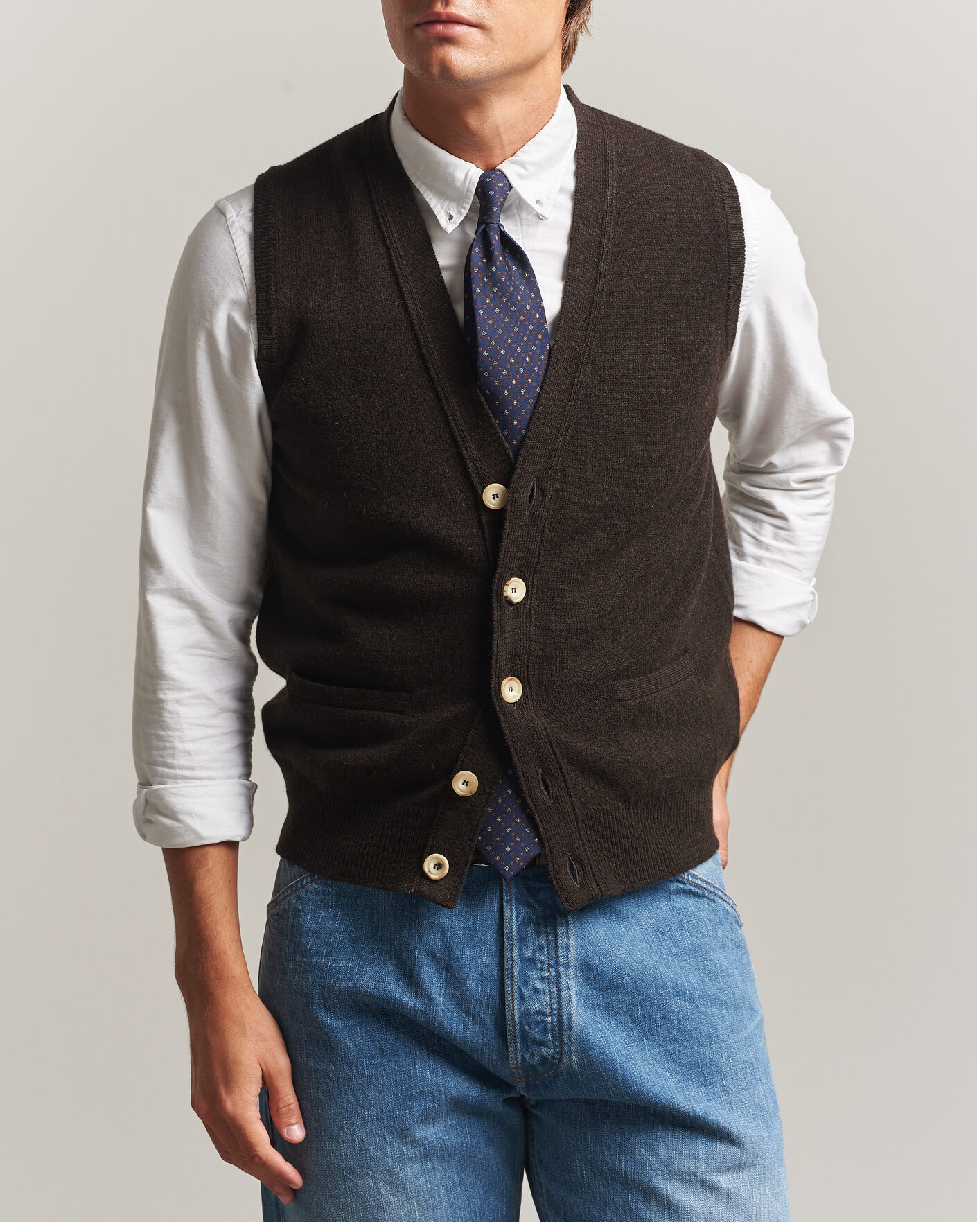 Herre | Gensere | Drake's | Lambswool Vest Cardigan Dark Brown