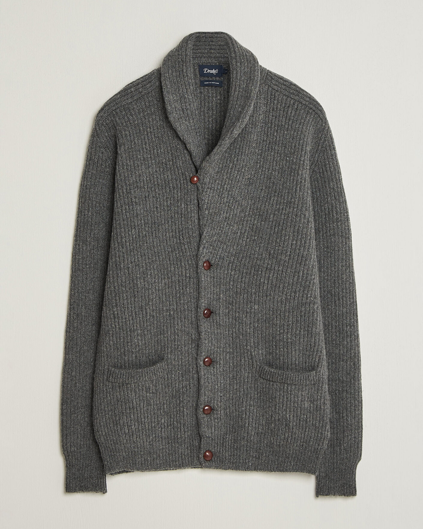 Herre | Gensere | Drake's | Lambswool Shawl Collar Rib Cardigan Grey