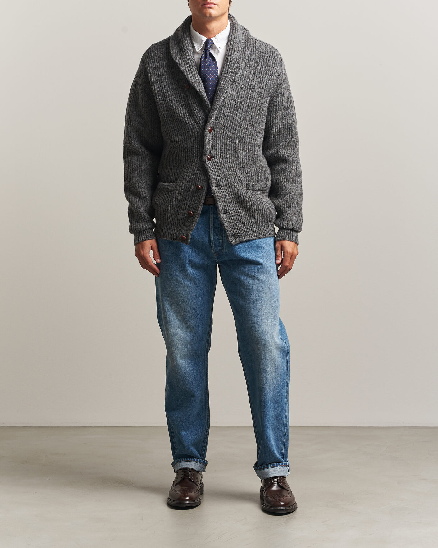 Herre | Gensere | Drake's | Lambswool Shawl Collar Rib Cardigan Grey