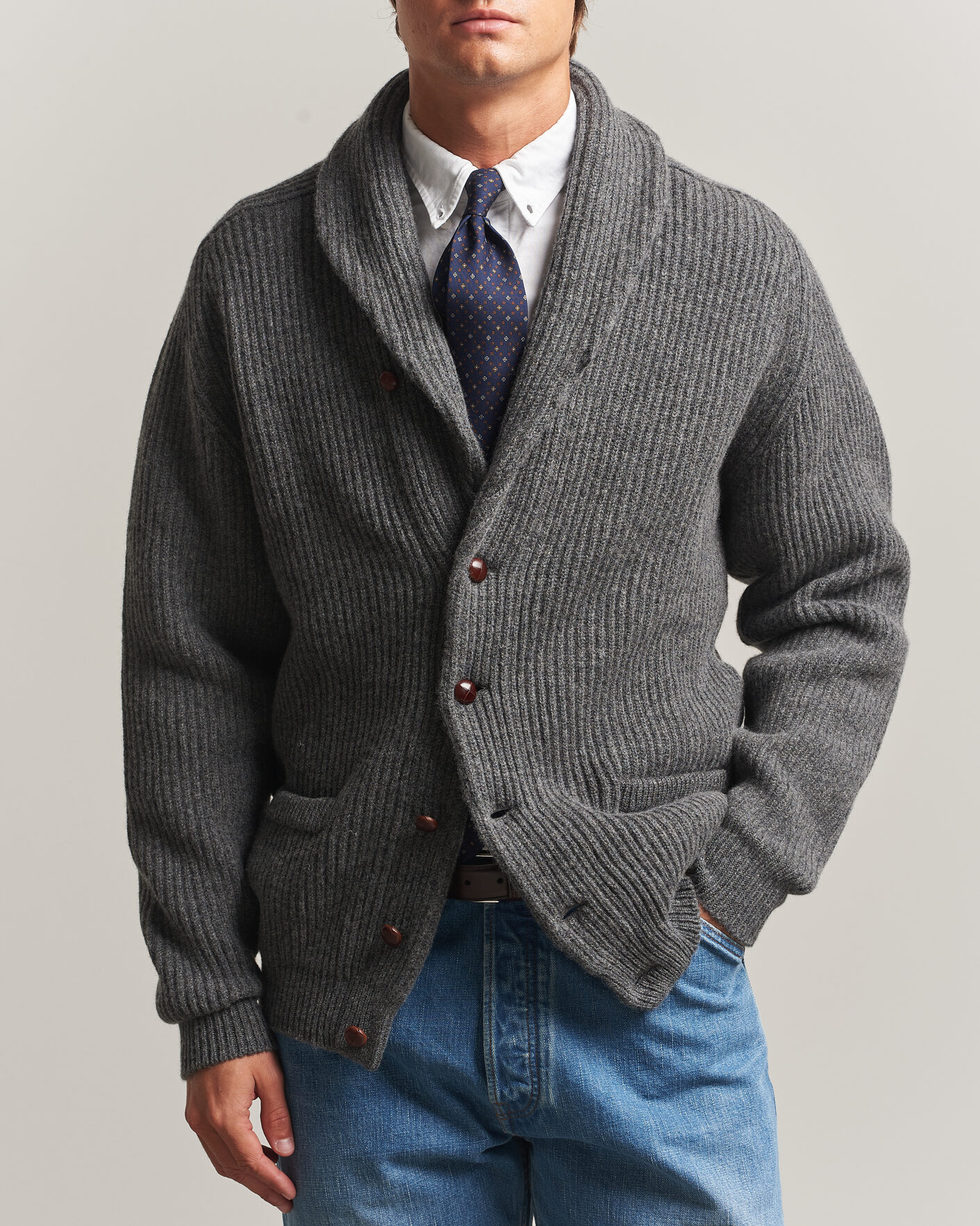 Herre | Gensere | Drake's | Lambswool Shawl Collar Rib Cardigan Grey