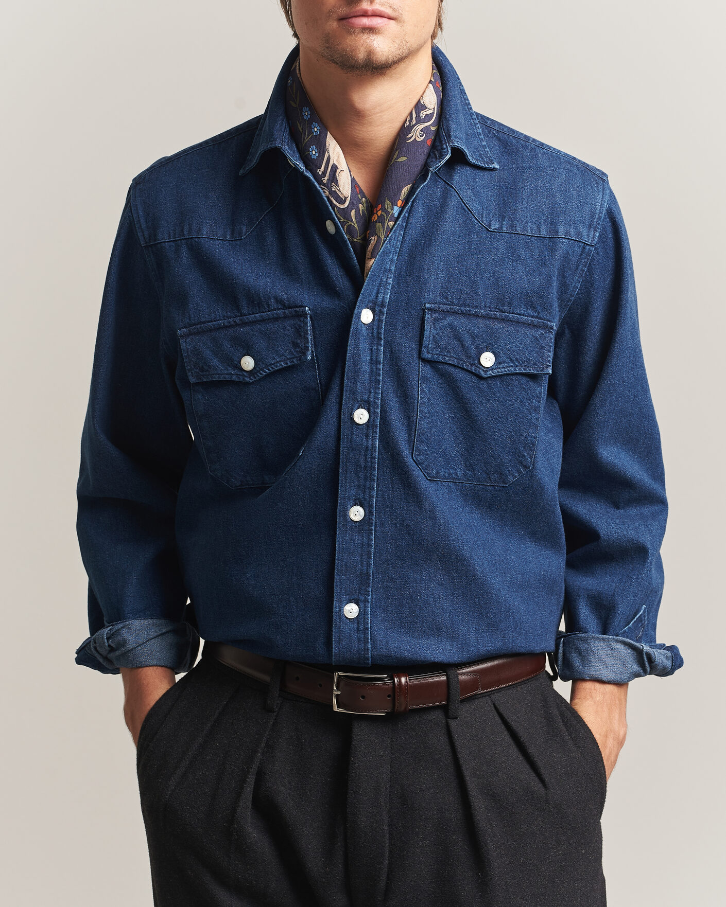 Herre | Skjorter | Drake's | Western Selvedge Denim Shirt Stone Wash Indigo
