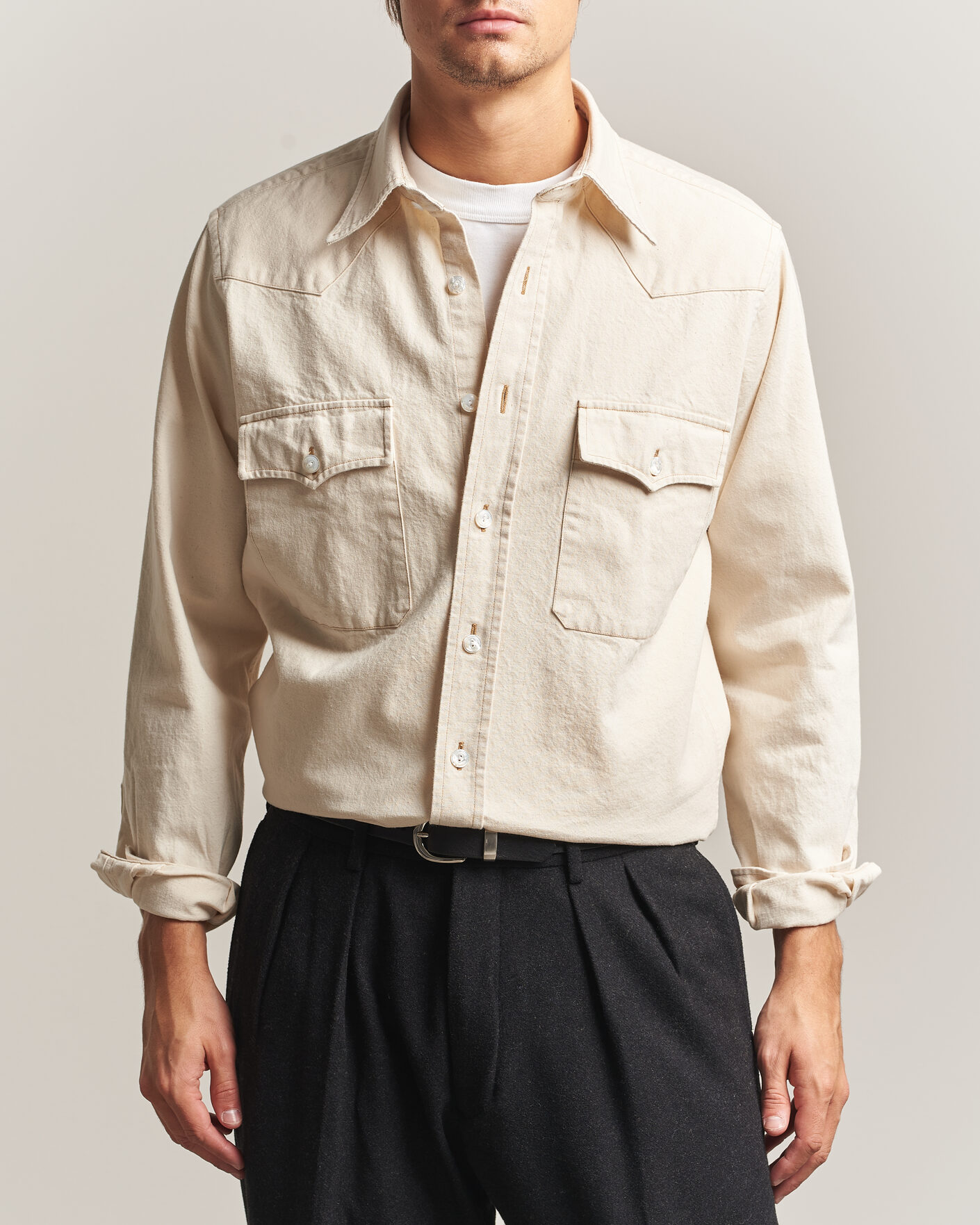 Herre | Skjorter | Drake's | Western Denim Shirt Stone Wash Ecru