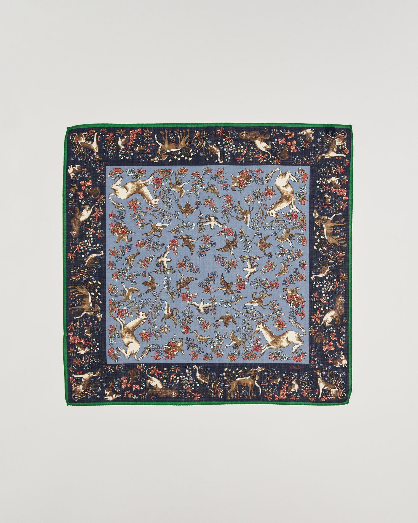 Herre | Scarves | Drake's | Unicorn Tapestry Wool/Silk Bandana Navy