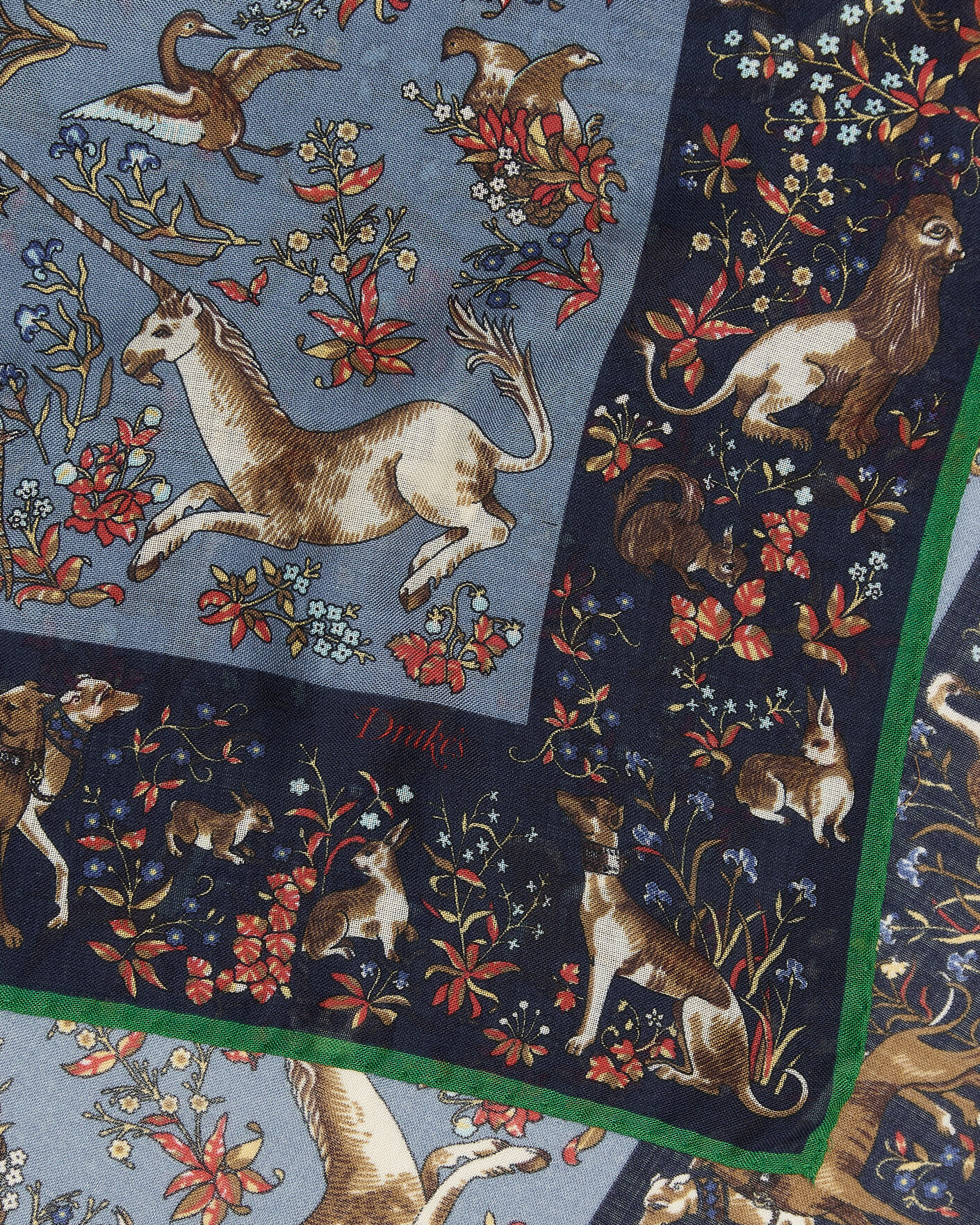Herre | Scarves | Drake's | Unicorn Tapestry Wool/Silk Bandana Navy