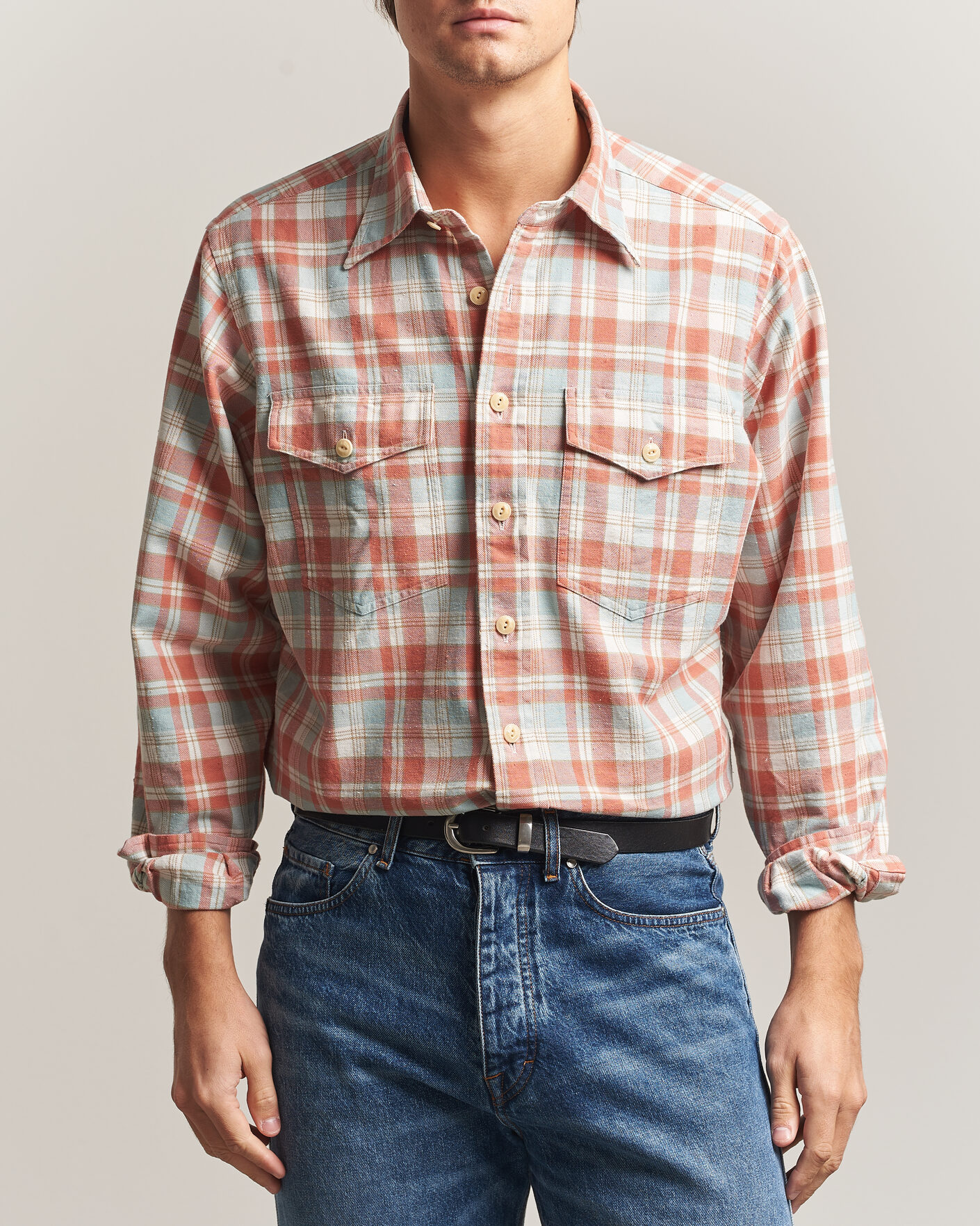 Herre | Skjorter | Drake's | Two Pocket Check Shirt Pink/Blue