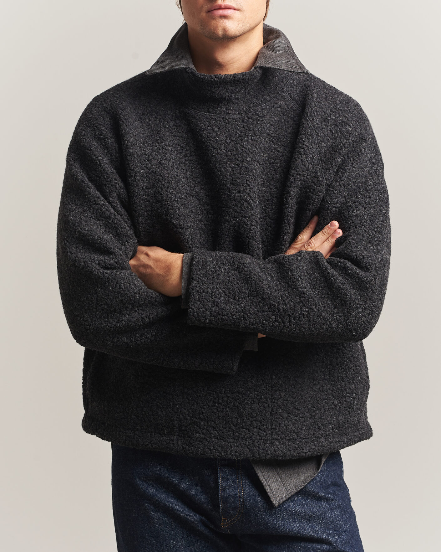 Herre | Gensere | Drake's | Mock Neck Fleece Grey