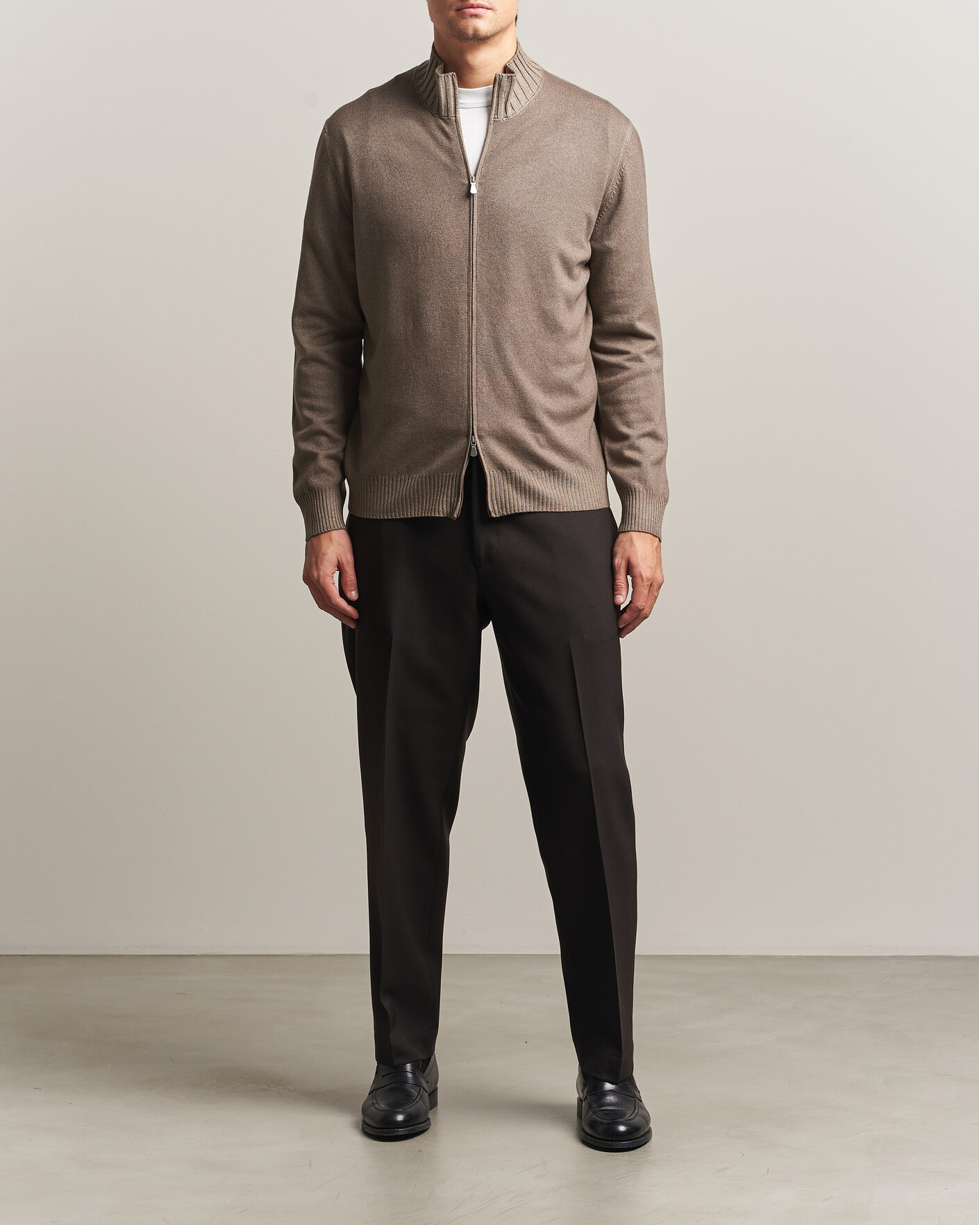 Herre | Gensere | Gran Sasso | Wool/Cashmere Washed Full Zip Brown Melange