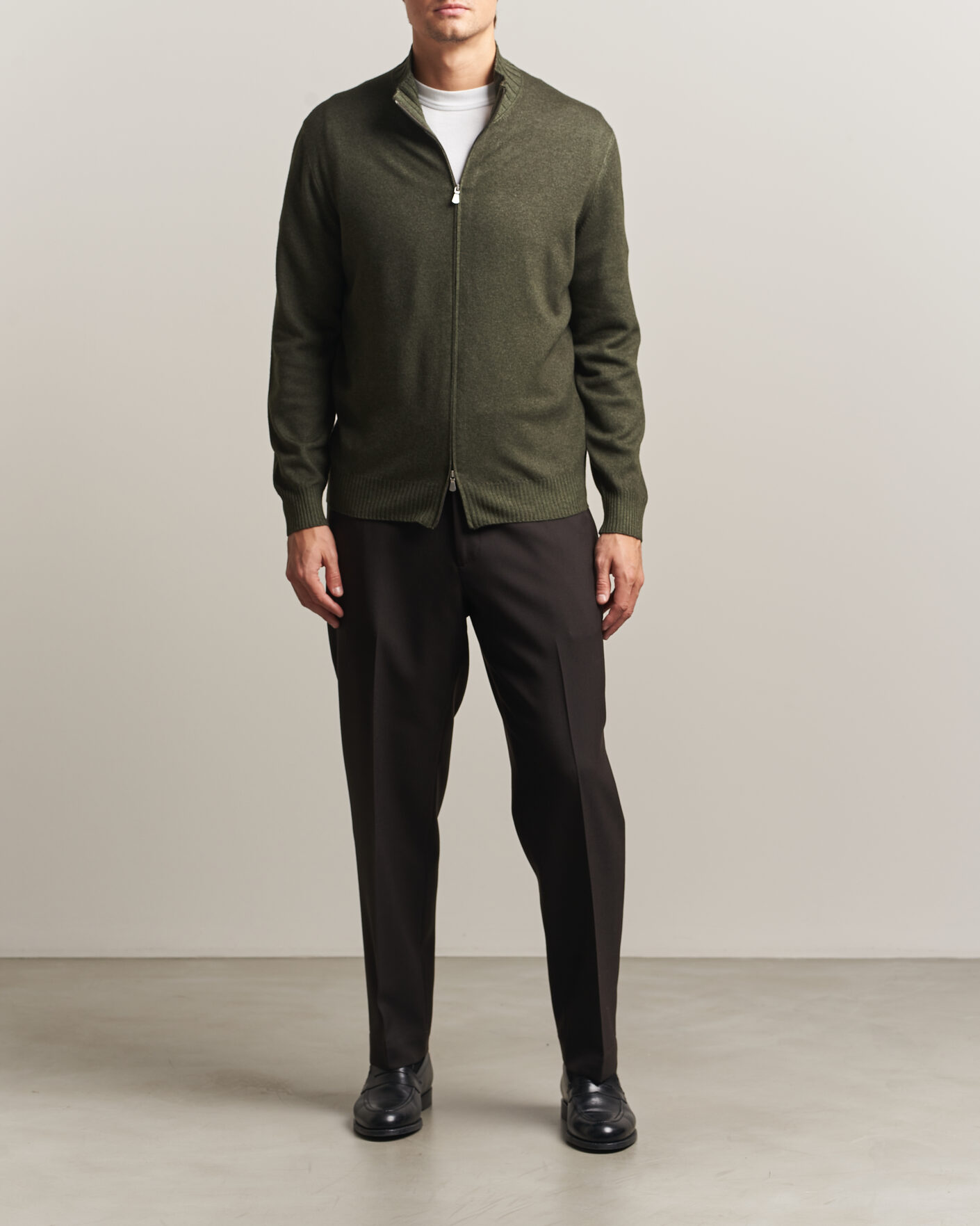 Herre | Gensere | Gran Sasso | Wool/Cashmere Washed Full Zip Olive Melange