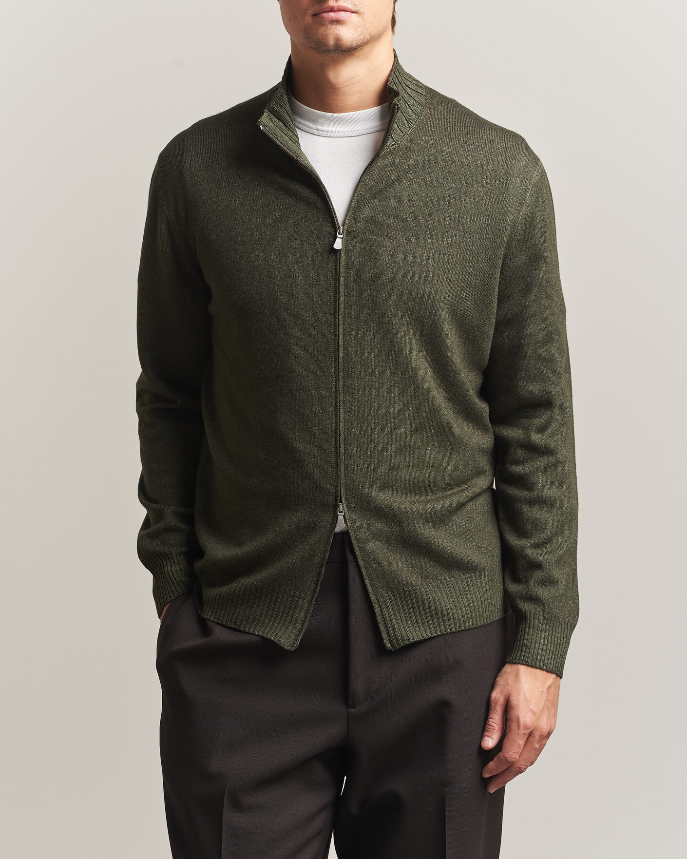 Herre | Gensere | Gran Sasso | Wool/Cashmere Washed Full Zip Olive Melange