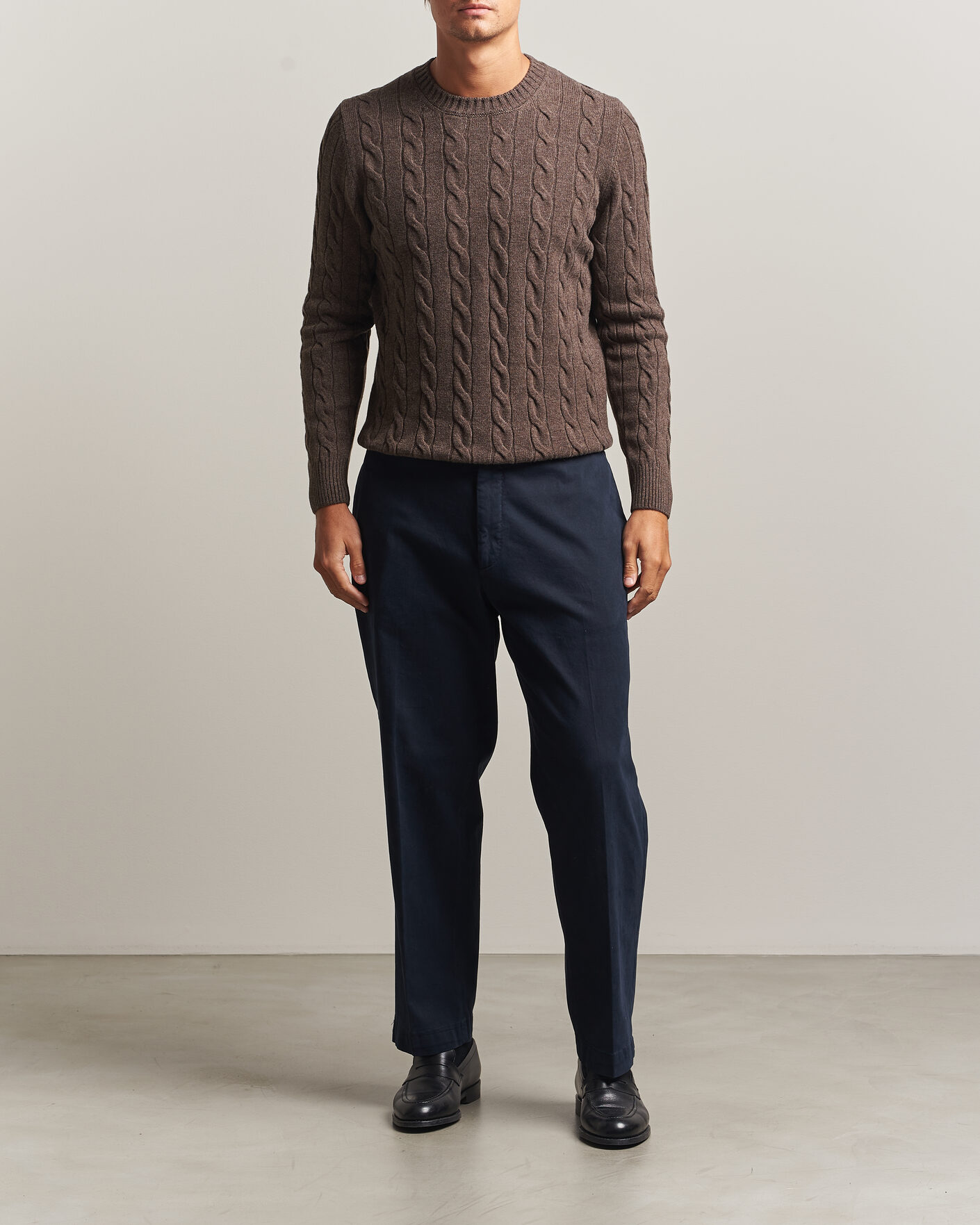 Herre | Gensere | Gran Sasso | Wool/Cashmere Cable Crew Neck Dark Brown Melange