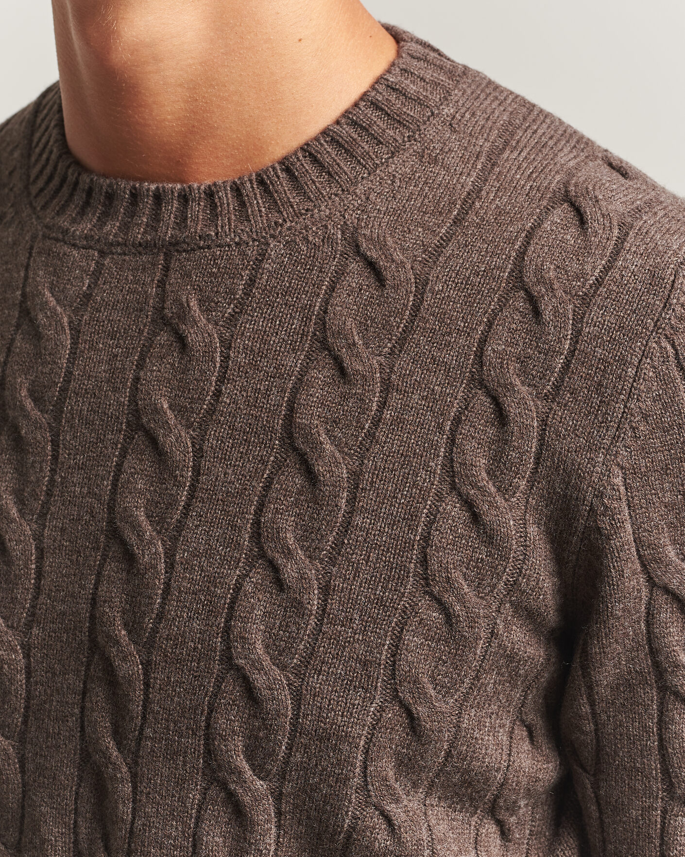 Herre | Gensere | Gran Sasso | Wool/Cashmere Cable Crew Neck Dark Brown Melange