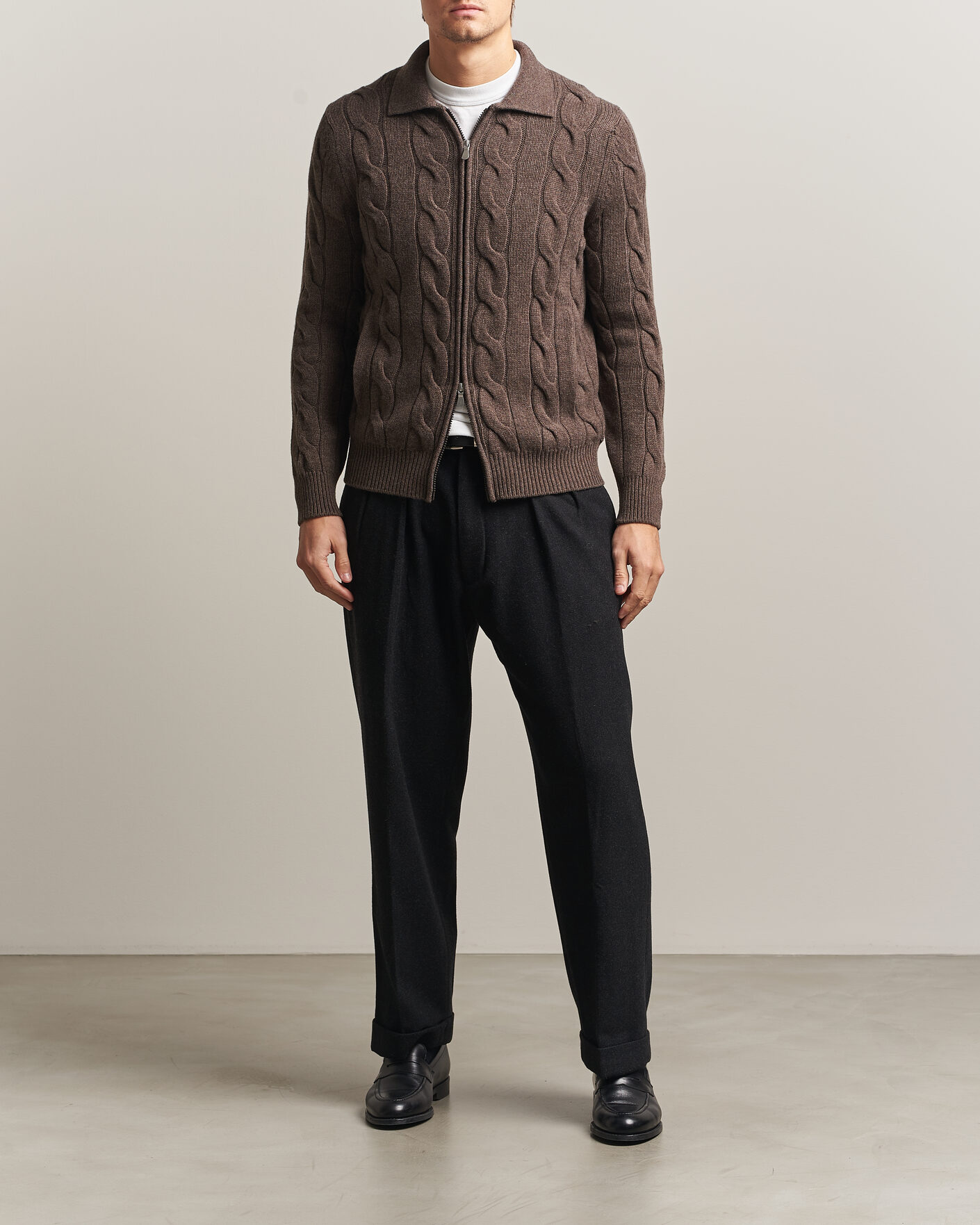 Herre | Gensere | Gran Sasso | Wool/Cashmere Cable Full Zip Dark Brown Melange