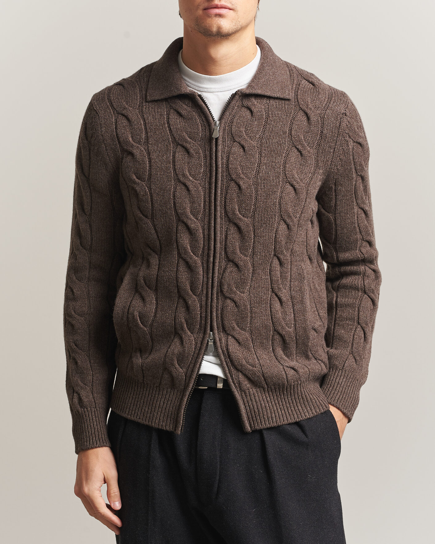 Herre | Gensere | Gran Sasso | Wool/Cashmere Cable Full Zip Dark Brown Melange
