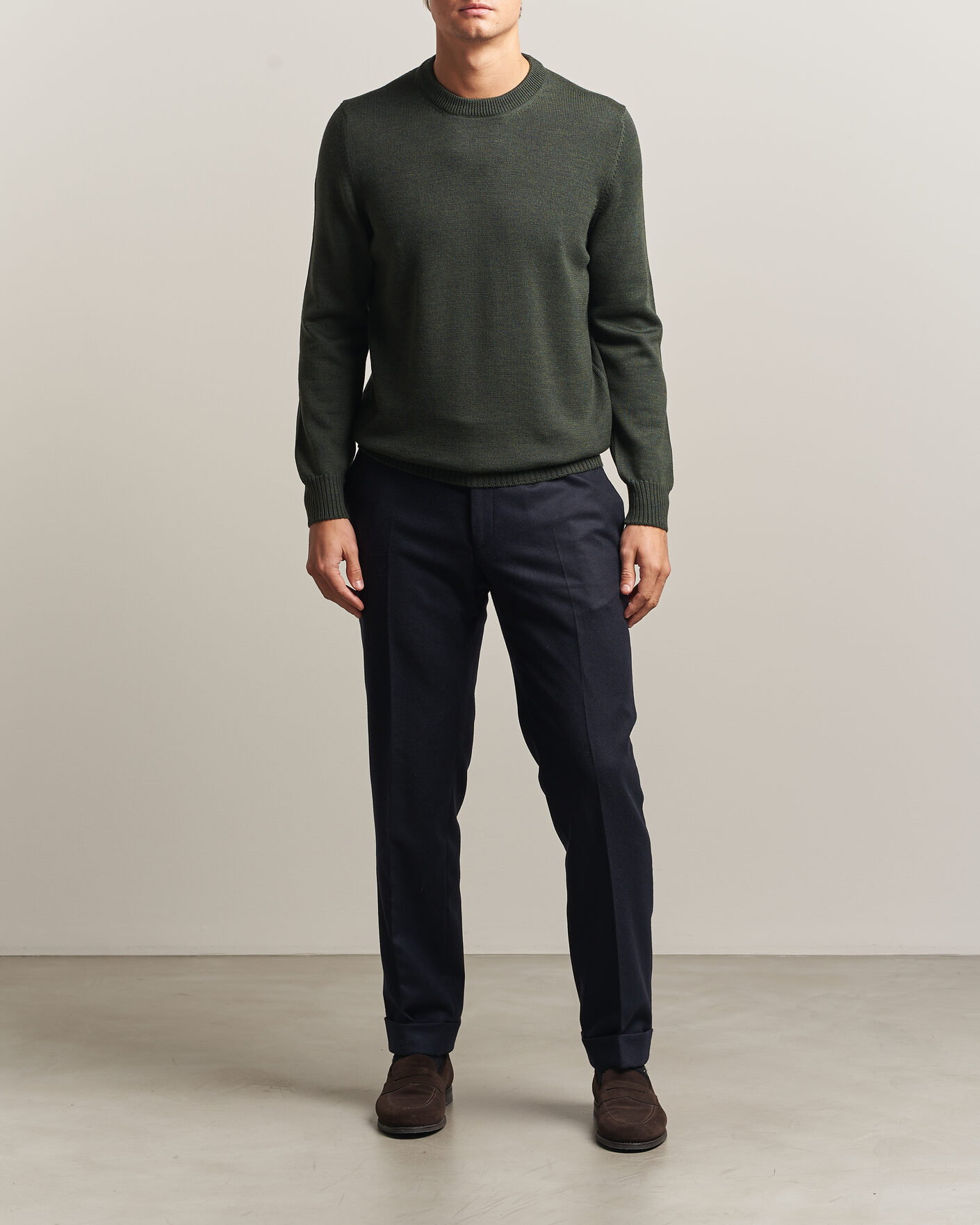 Herre | Gensere | Gran Sasso | Merino Knitted Crew Neck Olive Melange