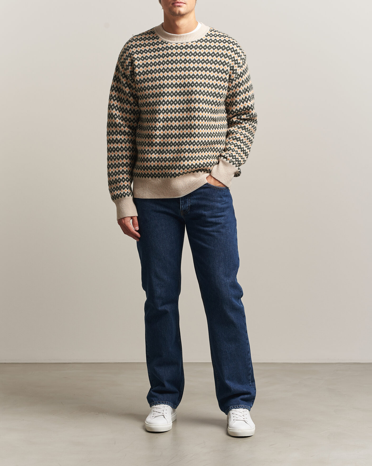 Herre | Gensere | KnowledgeCotton Apparel | Lambswool Jaquard Sweater Green