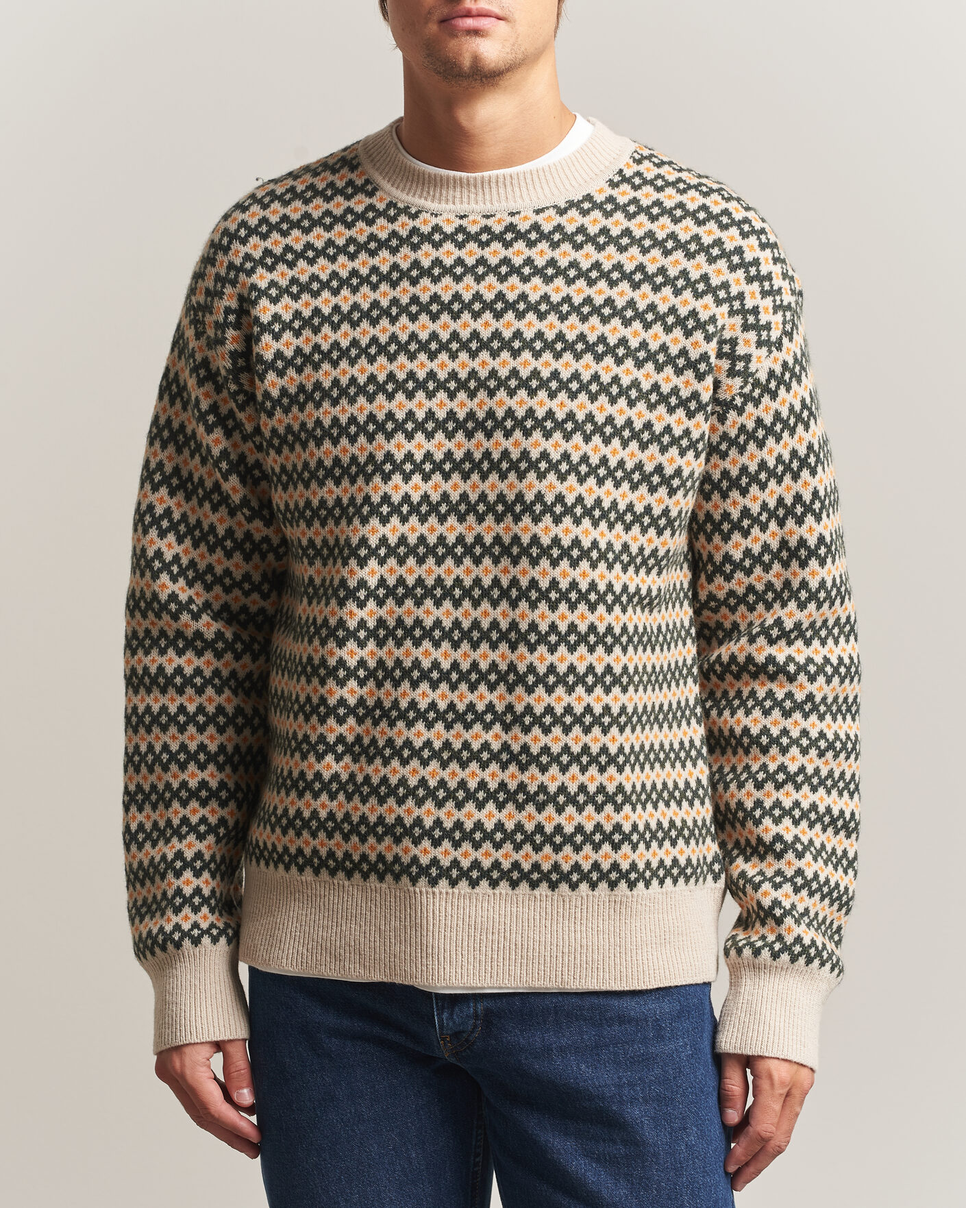 Herre | Gensere | KnowledgeCotton Apparel | Lambswool Jaquard Sweater Green