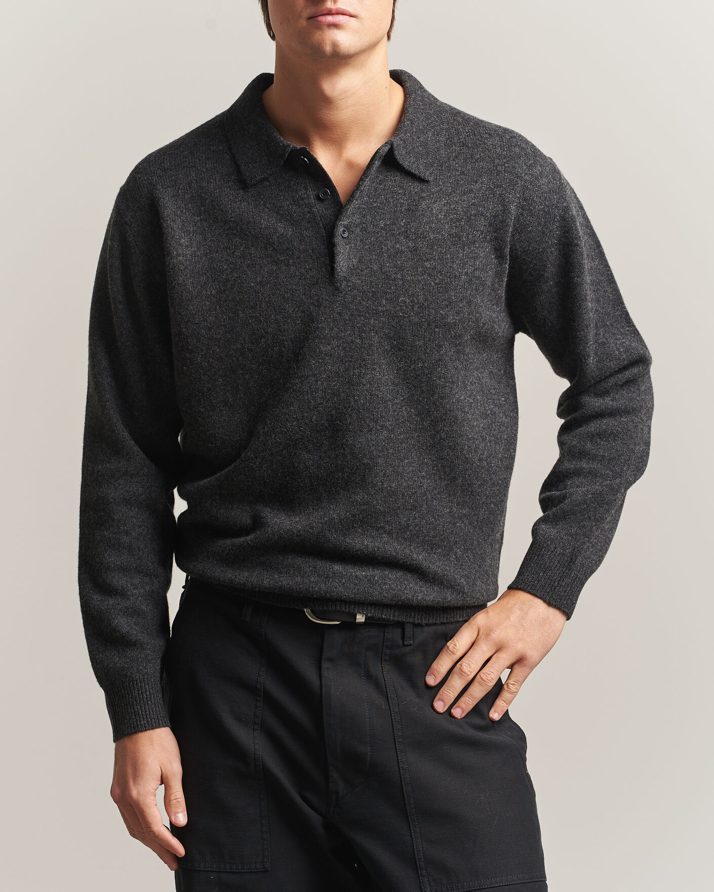 Herre | Gensere | BEAMS PLUS | Knitted Wool Polo Charcoal