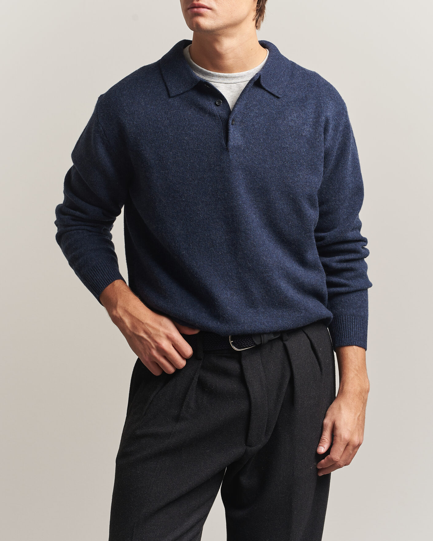 Herre | Gensere | BEAMS PLUS | Knitted Wool Polo Navy