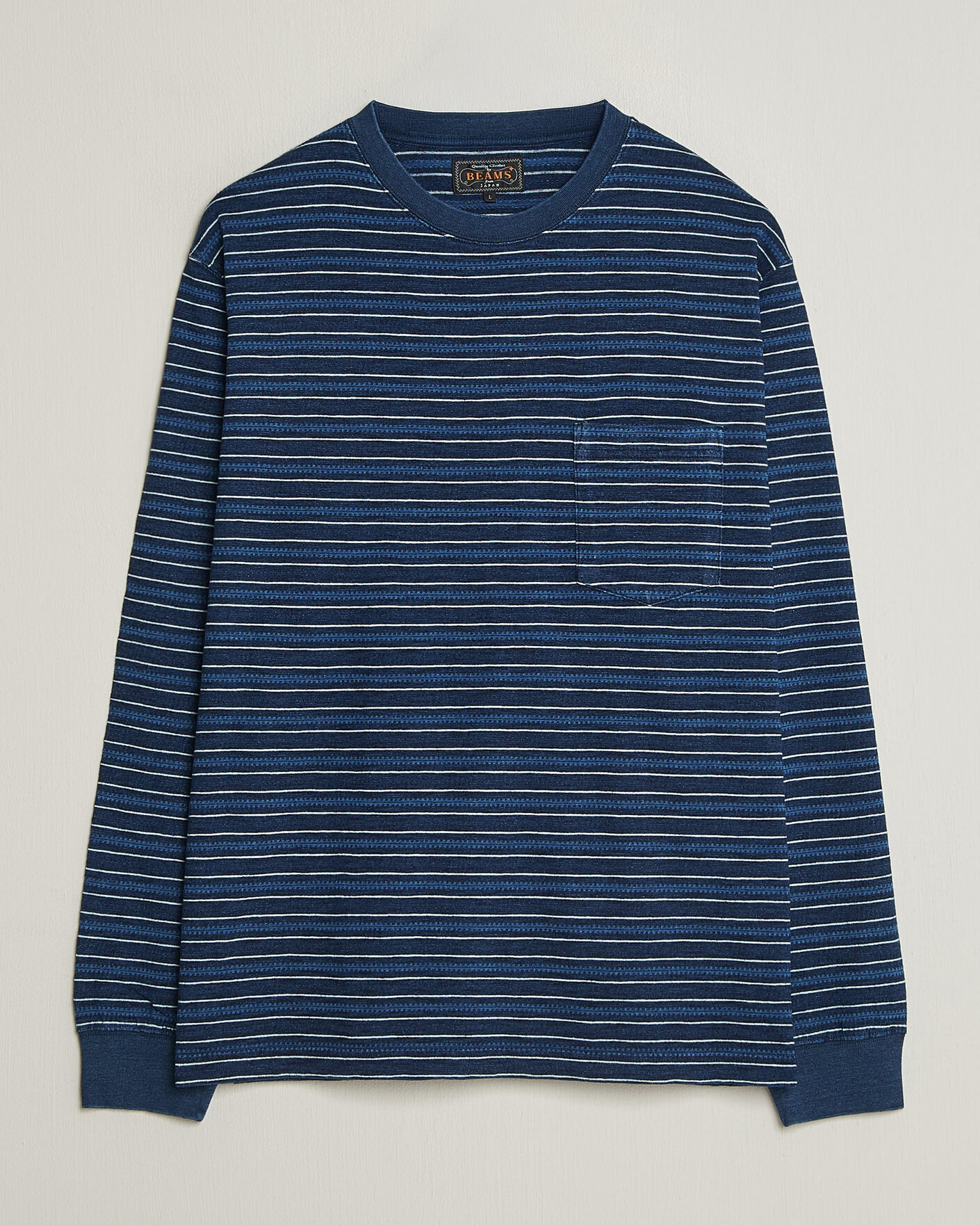 Herre | T-Shirts | BEAMS PLUS | Indigo Stripe LS T-Shirt Navy