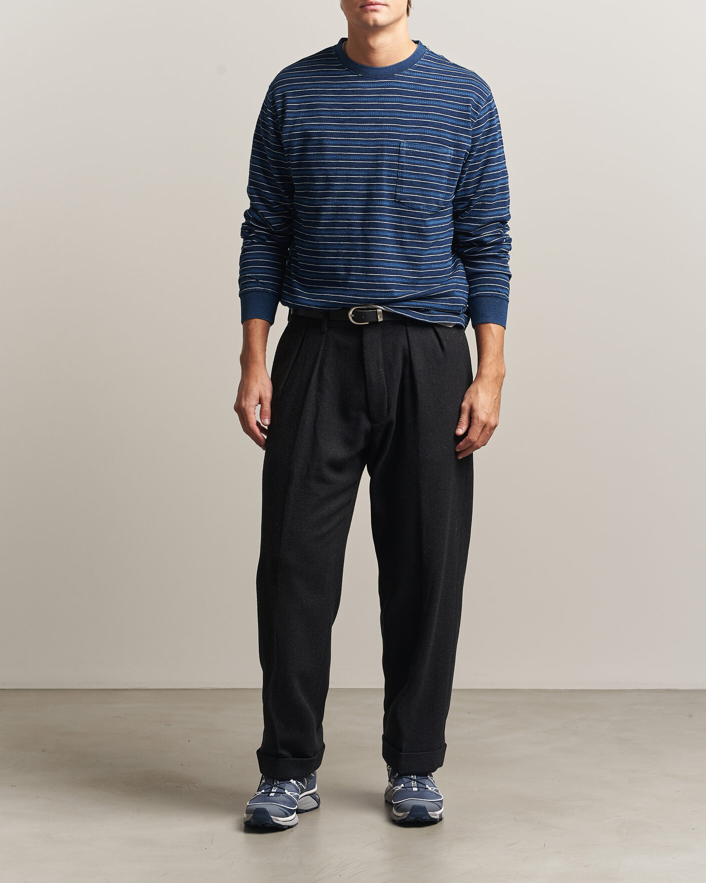 Herre | T-Shirts | BEAMS PLUS | Indigo Stripe LS T-Shirt Navy