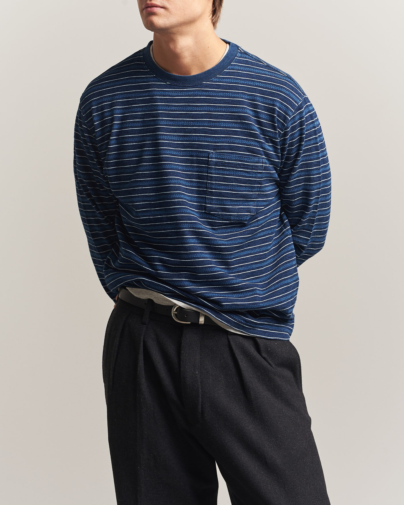 Herre | T-Shirts | BEAMS PLUS | Indigo Stripe LS T-Shirt Navy