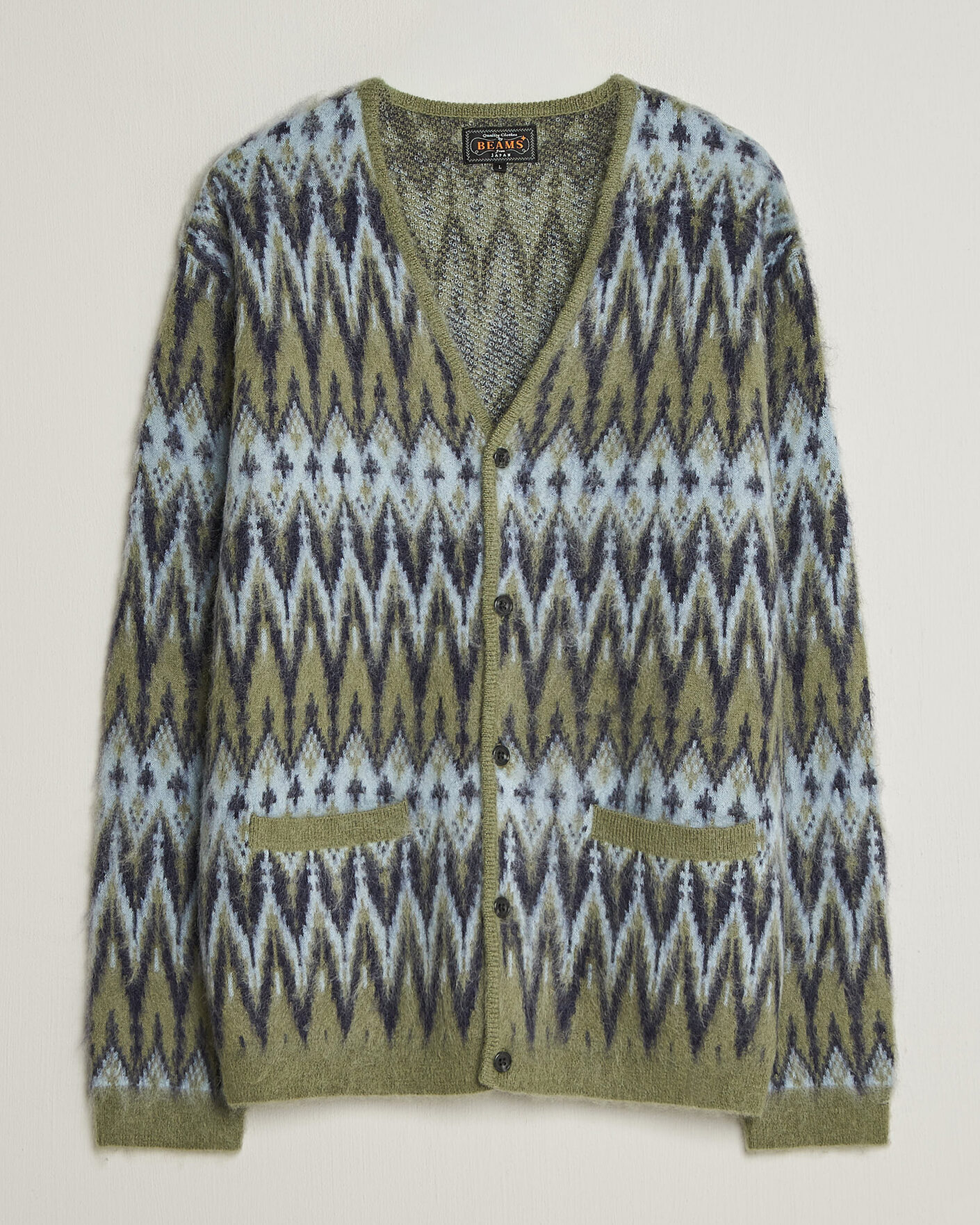 Herre | Gensere | BEAMS PLUS | Chevron Jacquard Cardigan Green/Grey