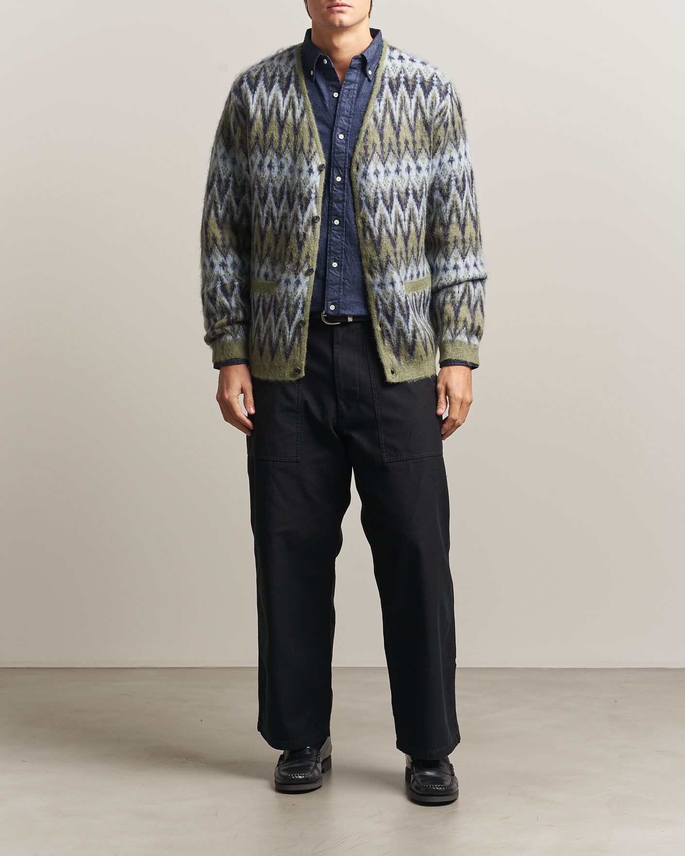 Herre | Gensere | BEAMS PLUS | Chevron Jacquard Cardigan Green/Grey