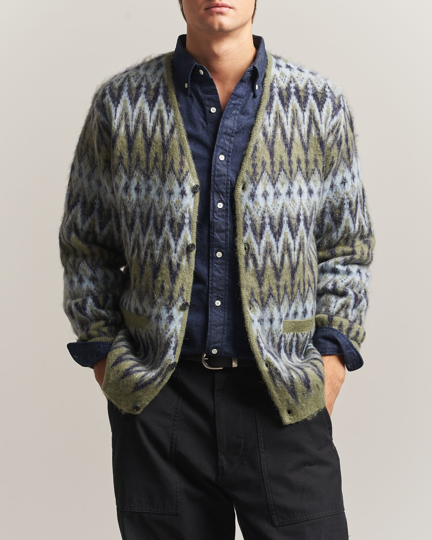 Herre | Gensere | BEAMS PLUS | Chevron Jacquard Cardigan Green/Grey