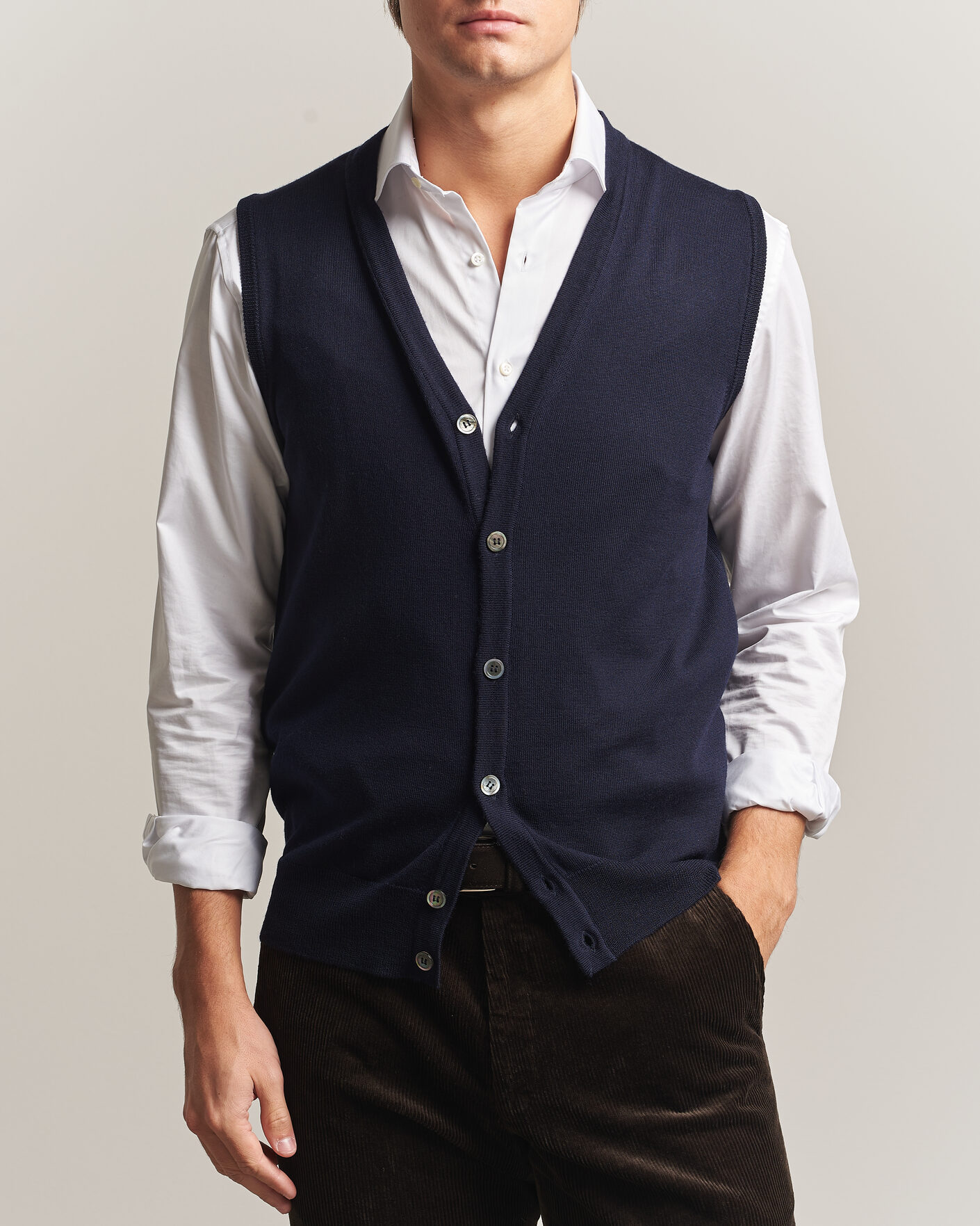 Herre | Gensere | Morgano | Extra Fine Merino Wool Sleevles Cardigan Vest Navy