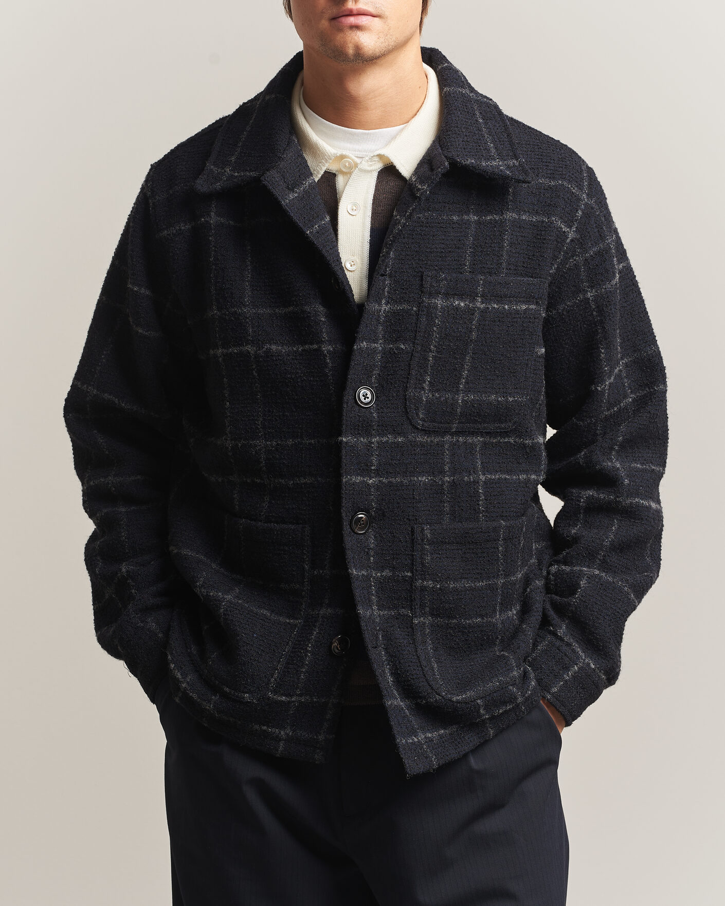 Herre | Skjorter | A Day's March | Algot Wool Checked Overshirt Navy