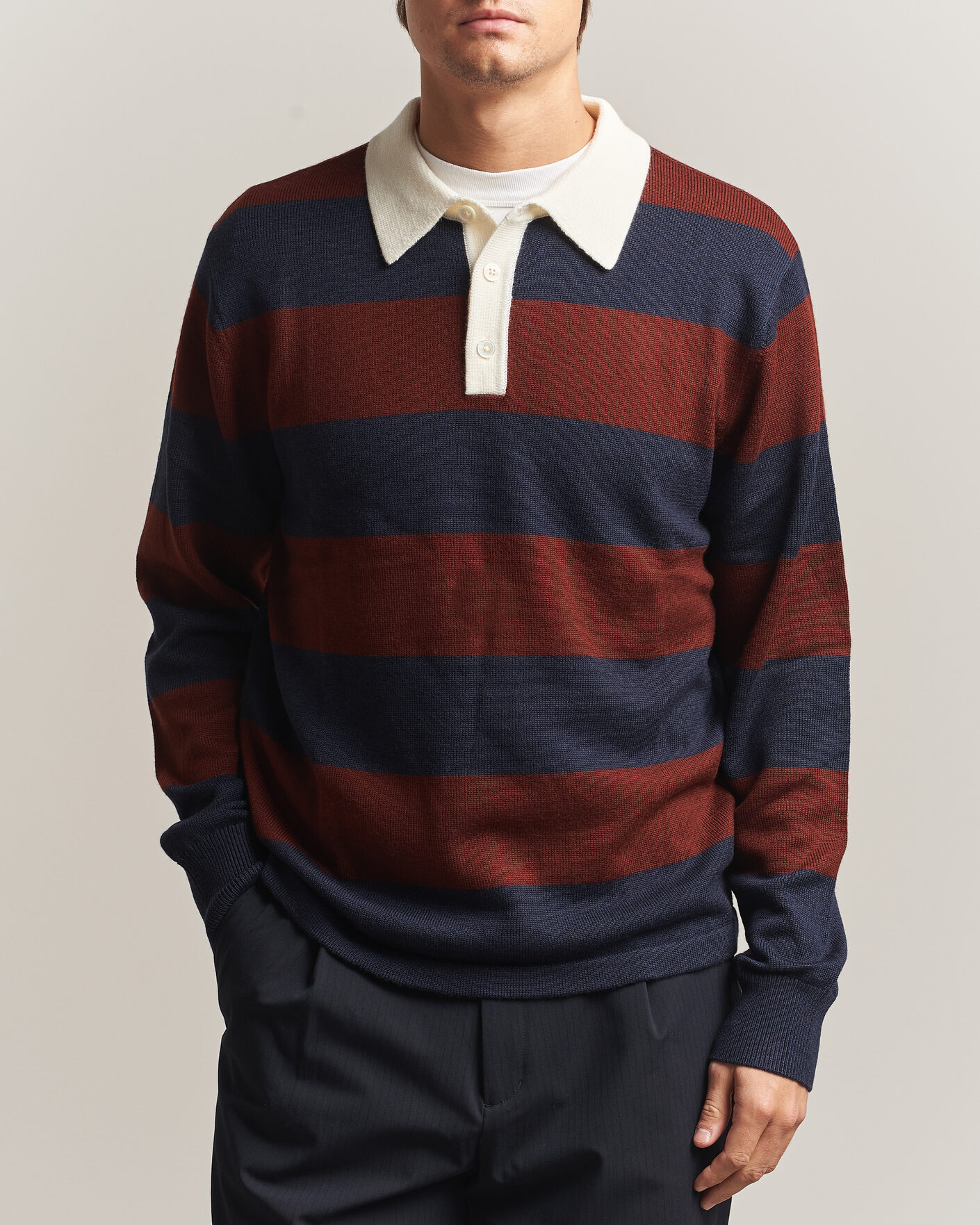 Herre | Gensere | A Day's March | Kenny Striped Merino Rugby Sweater Rust/Navy