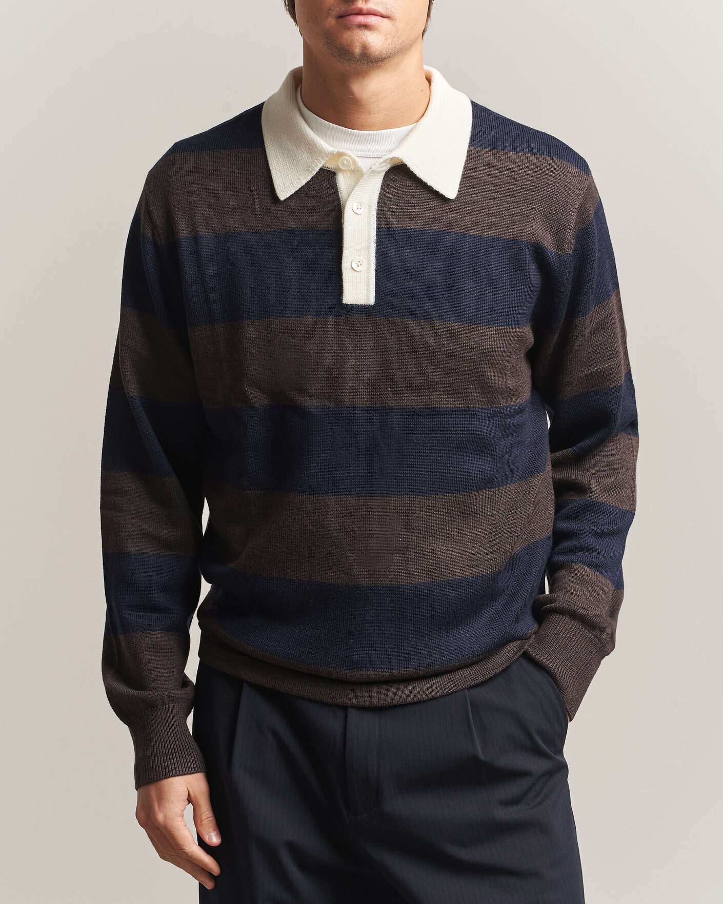 Herre | Gensere | A Day's March | Kenny Striped Merino Rugby Sweater Brown/Navy