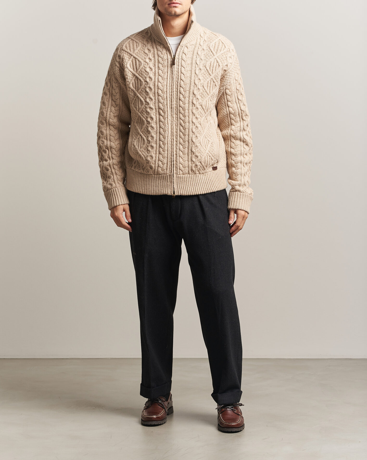 Herre | Gensere | Polo Ralph Lauren | Wool/Alpaca Aran Full-Zip Jicama Brown Heather