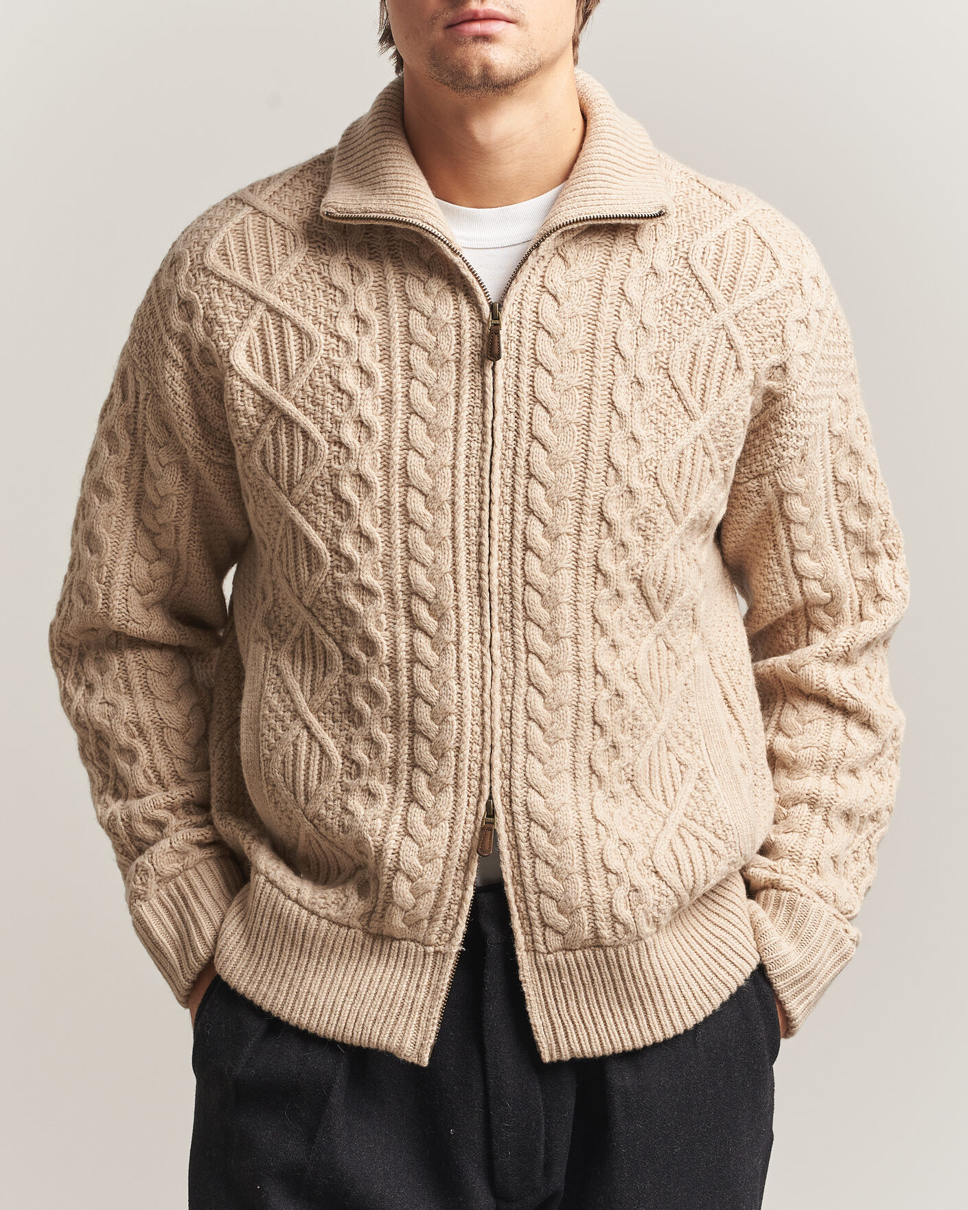 Herre | Gensere | Polo Ralph Lauren | Wool/Alpaca Aran Full-Zip Jicama Brown Heather