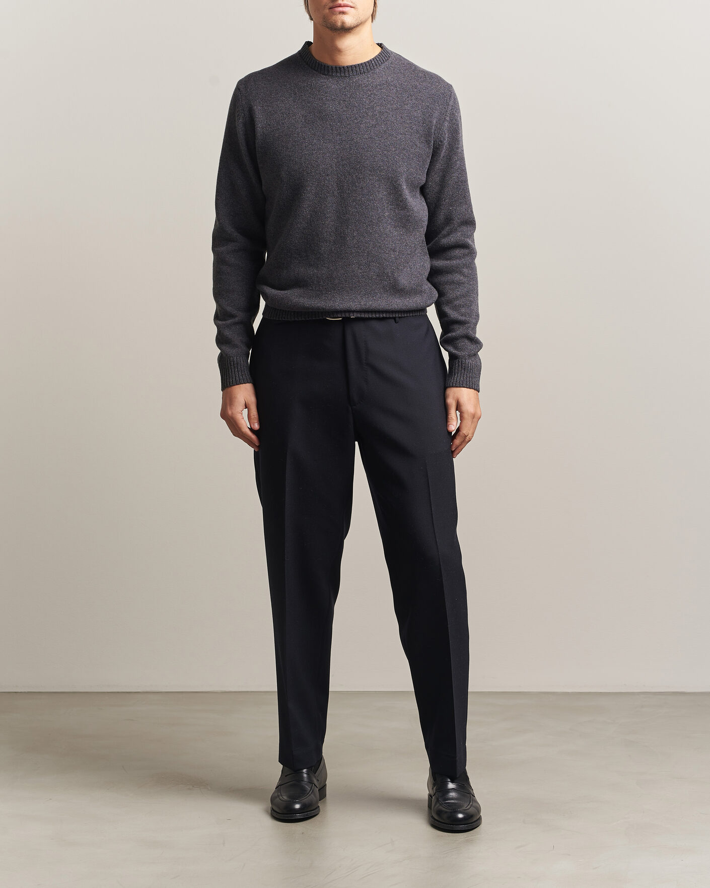 Herre | Gensere | Stenströms | Knitted Lambswool Crew Neck Dark Grey Melange