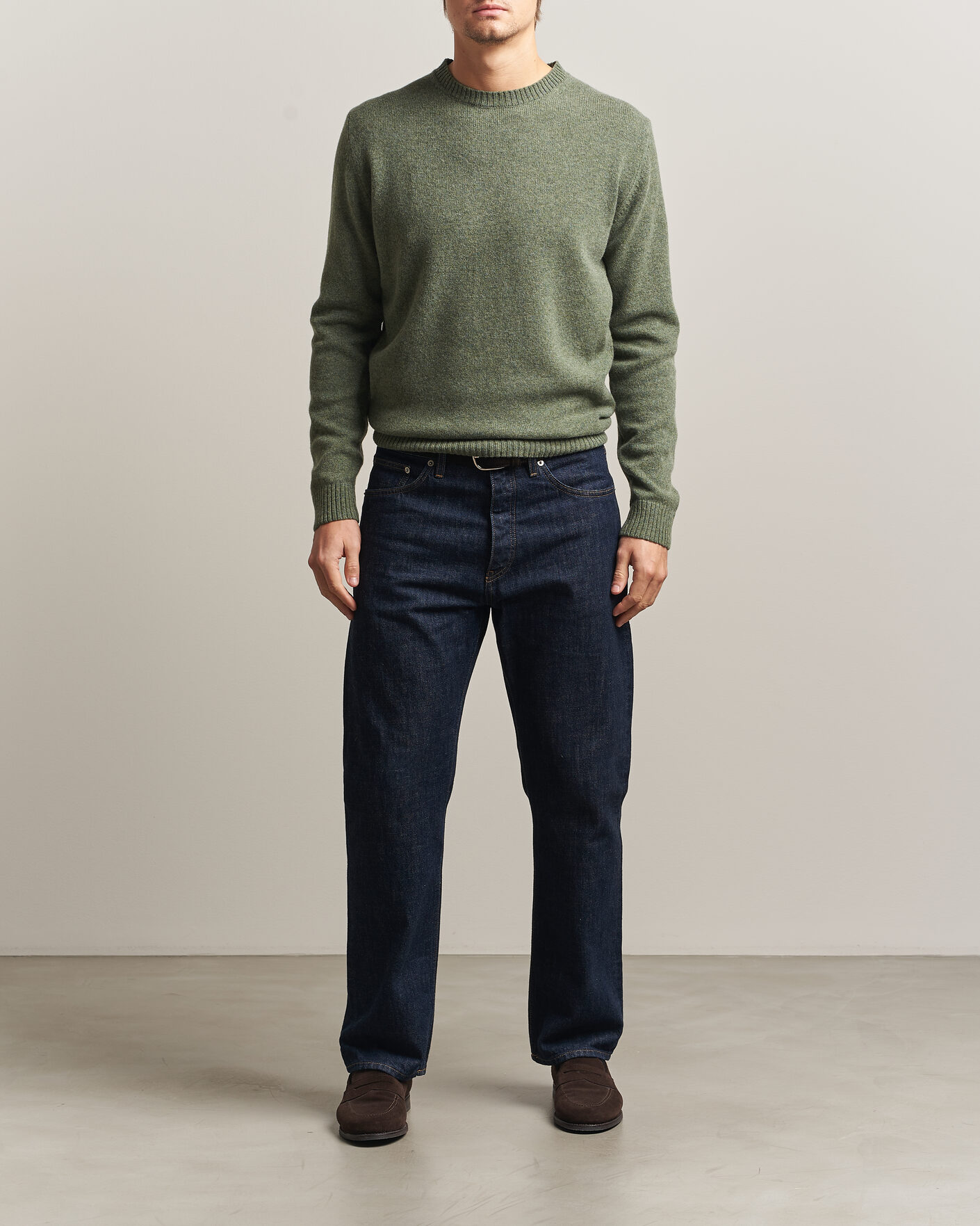 Herre | Gensere | Stenströms | Knitted Lambswool Crew Neck Light Army Green Melange