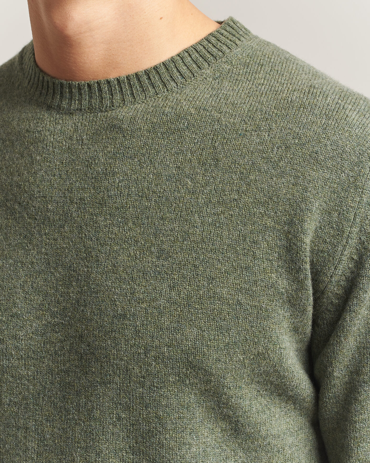 Herre | Gensere | Stenströms | Knitted Lambswool Crew Neck Light Army Green Melange