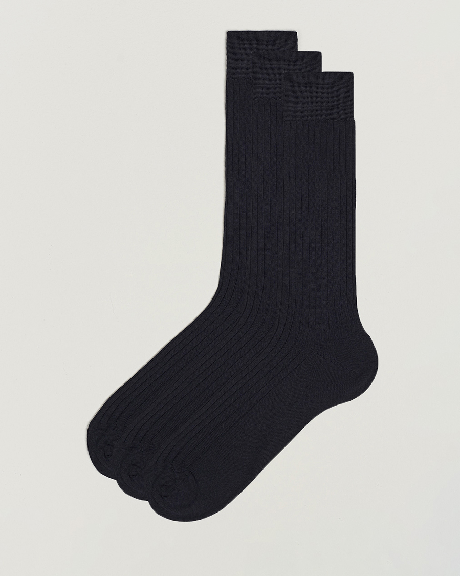 Herre | Undertøy | Bresciani | 3-pack Wool/Nylon Ribbed Short Socks Navy