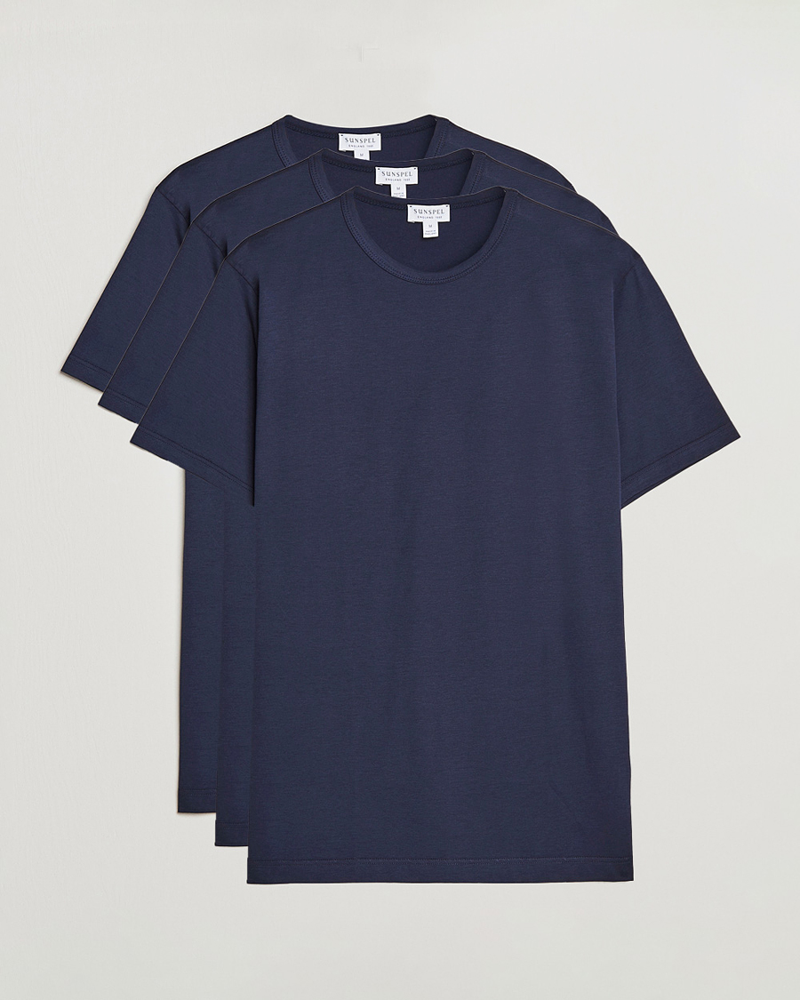 Herre | T-Shirts | Sunspel | 3-Pack Crew Neck Q82 Cotton T-Shirt Navy