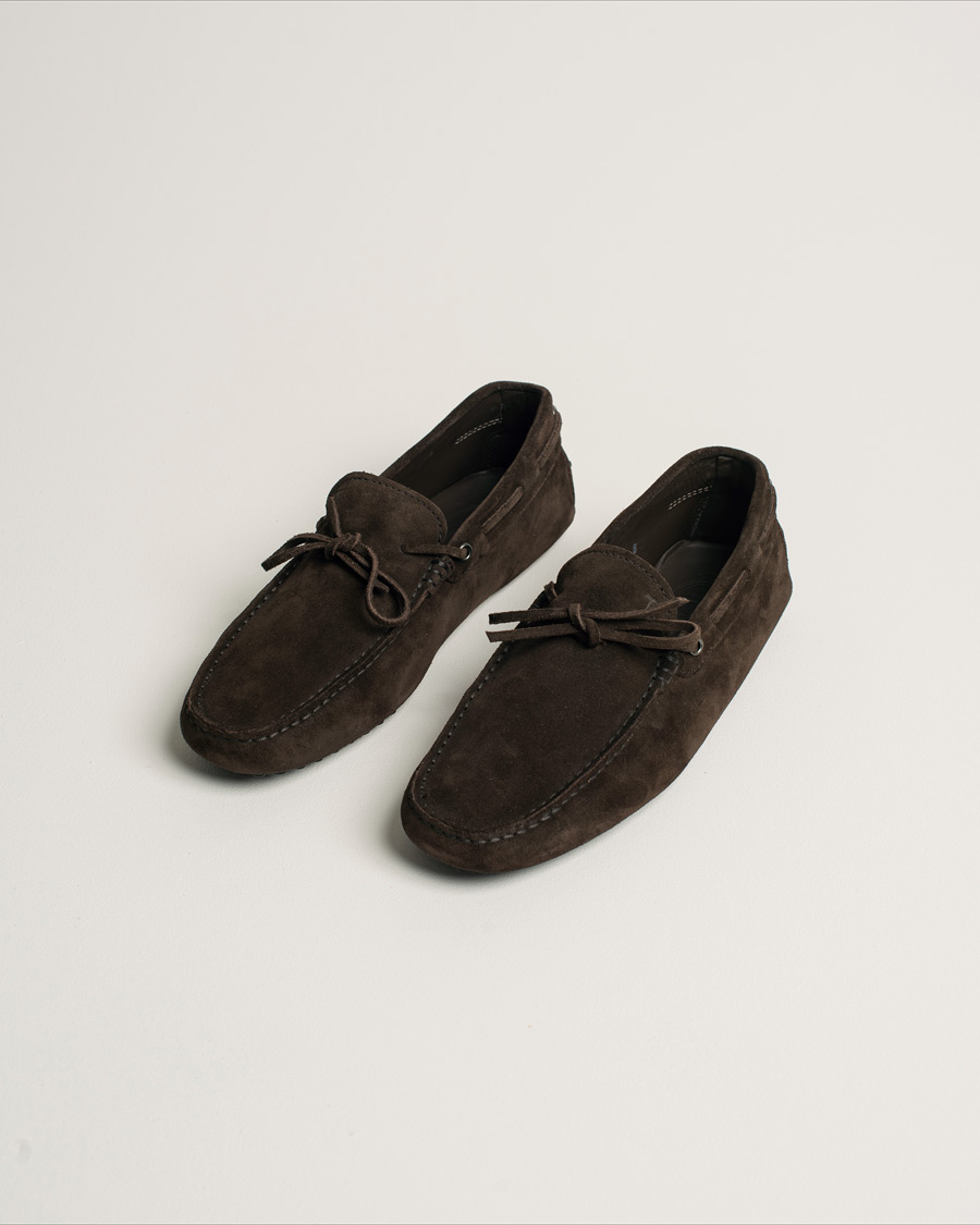 Herre | Tod's Laccetto Gommino Carshoe Dark Brown Suede | Pre-owned | Tod's Laccetto Gommino Carshoe Dark Brown Suede