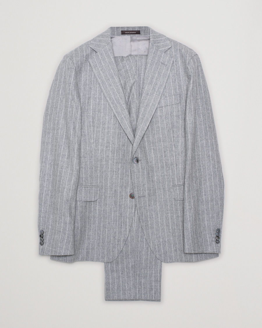 Herre | Oscar Jacobson Ego Pinstripe Wool Flannel Suit Grey Melange | Pre-owned | Oscar Jacobson Ego Pinstripe Wool Flannel Suit Grey Melange
