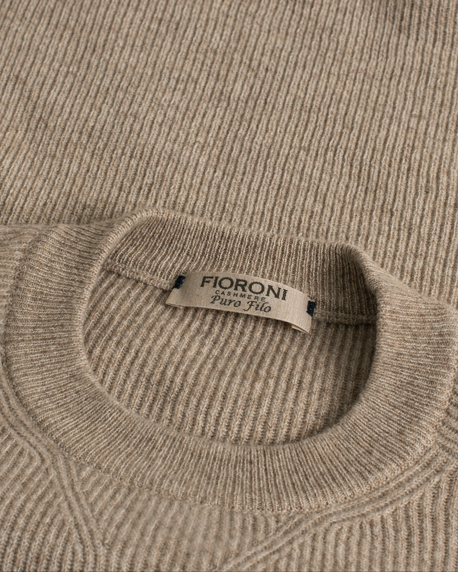 Herre | Fioroni Puro Filo Cashmere Rib Crewneck Beige 48 | Pre-owned | Fioroni Puro Filo Cashmere Rib Crewneck Beige 48